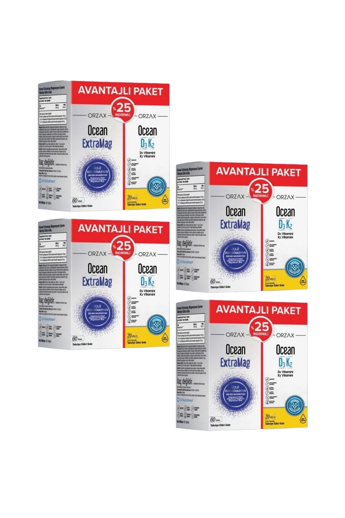 Orzax-Ocean Extramag 60 Tablets + Ocean D3 K2 20 ml 25% Code (Pack of 4) 1