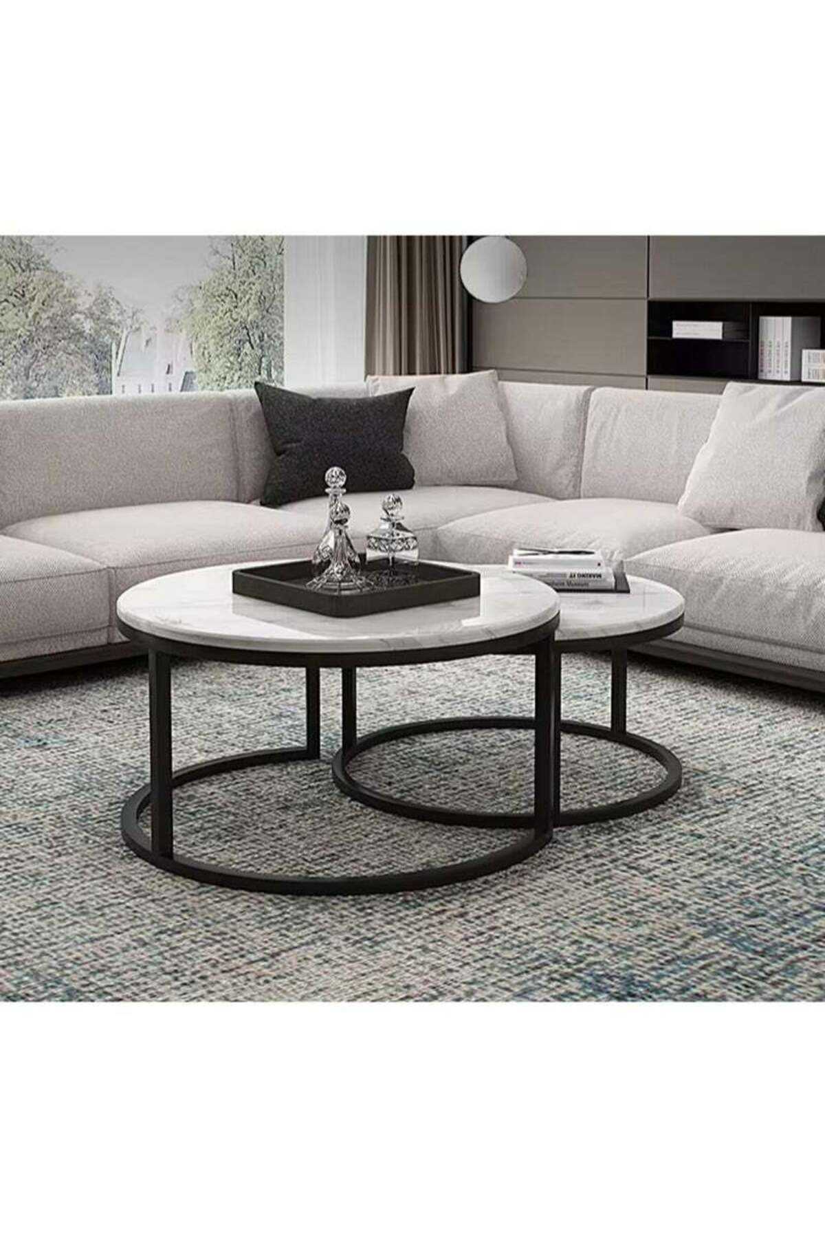 AGD-Nesting Design Coffee Table 2 Pieces Round Center Table Modern Side Table with Metal Legs 1