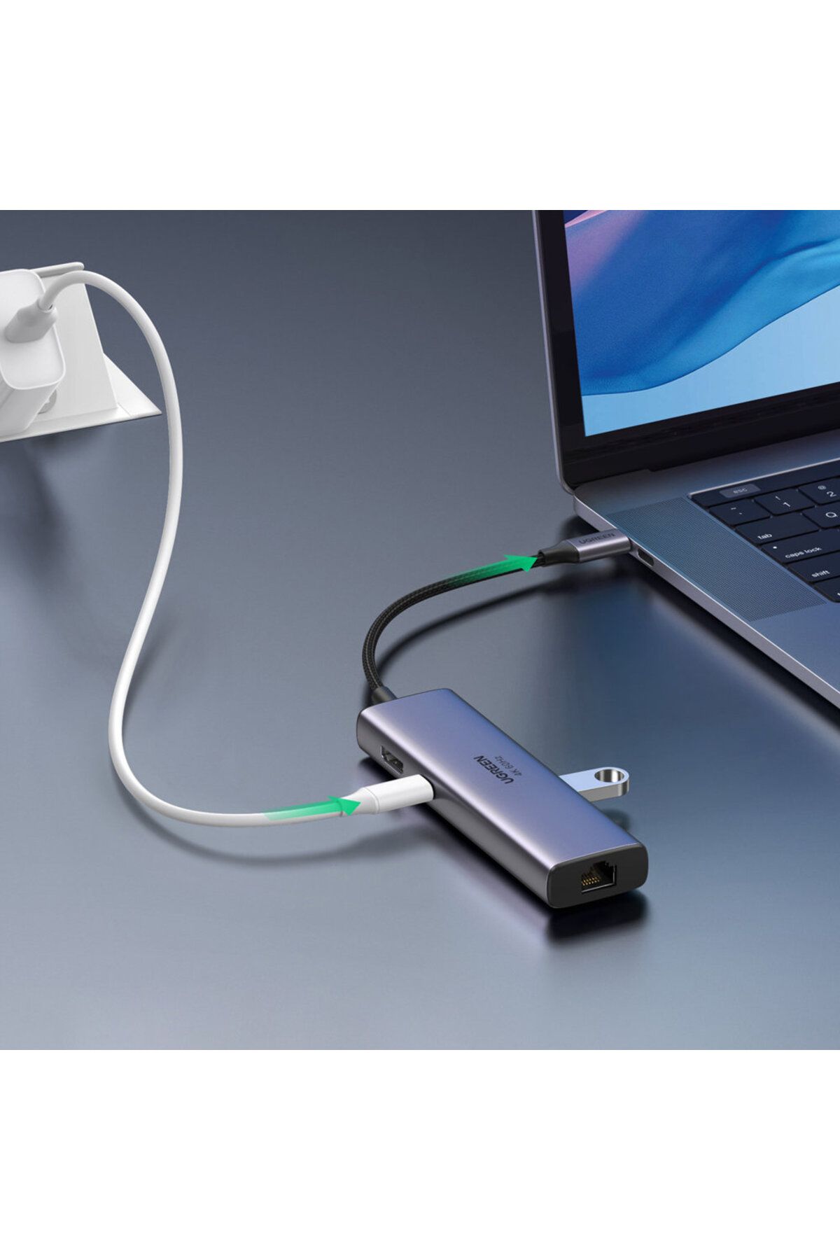 Ugreen-HUB USB-C multifuncțional 7 în 1 - 2x USB HDMI 4K Cititor de carduri SD și TF USB-C RJ45 1Gbps Gri 5