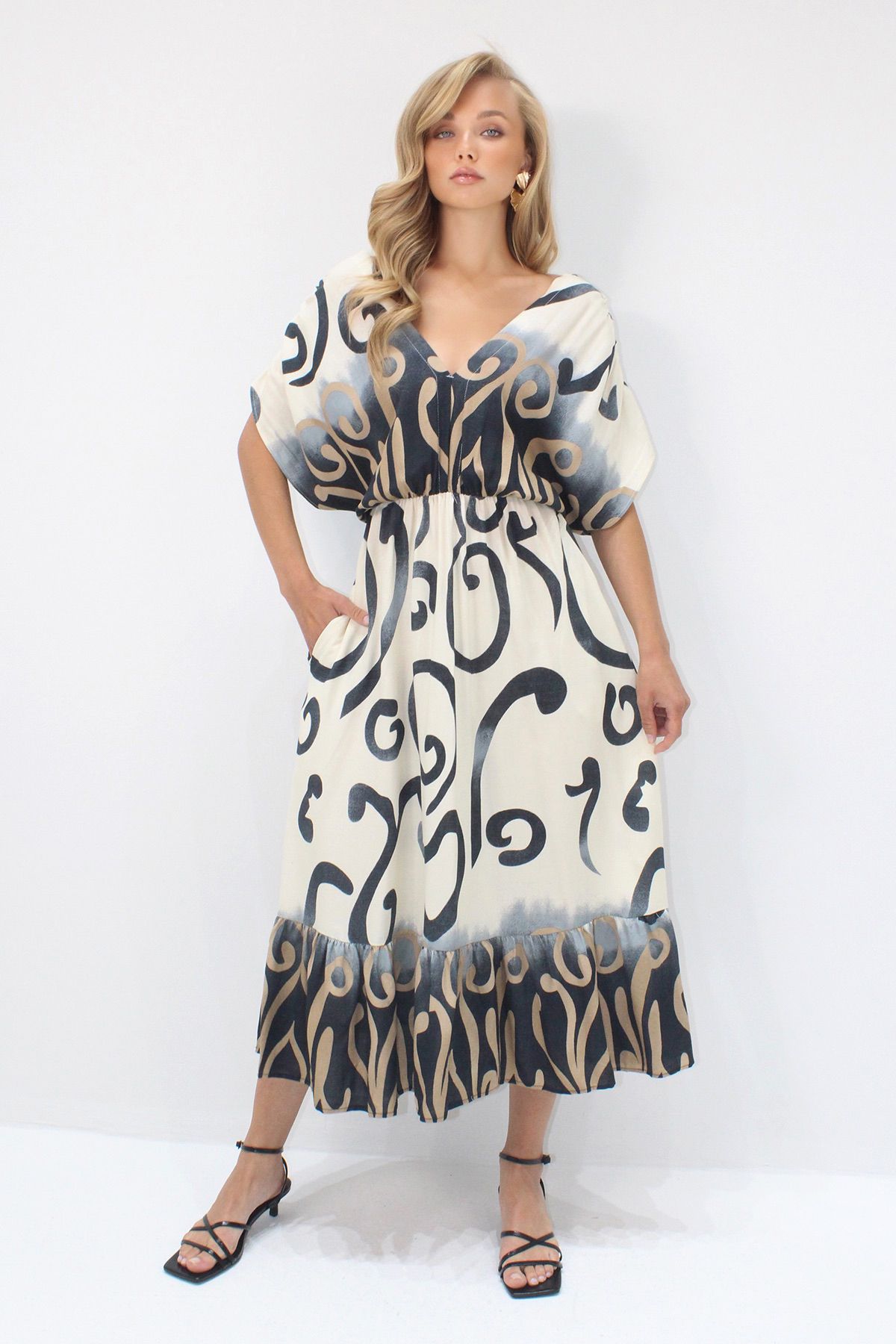 VAGGON-Rochie de vară țesută pentru femei, negru-bej, față, spate, cu decolteu în V, cu model, cu volan Prmx14199 2
