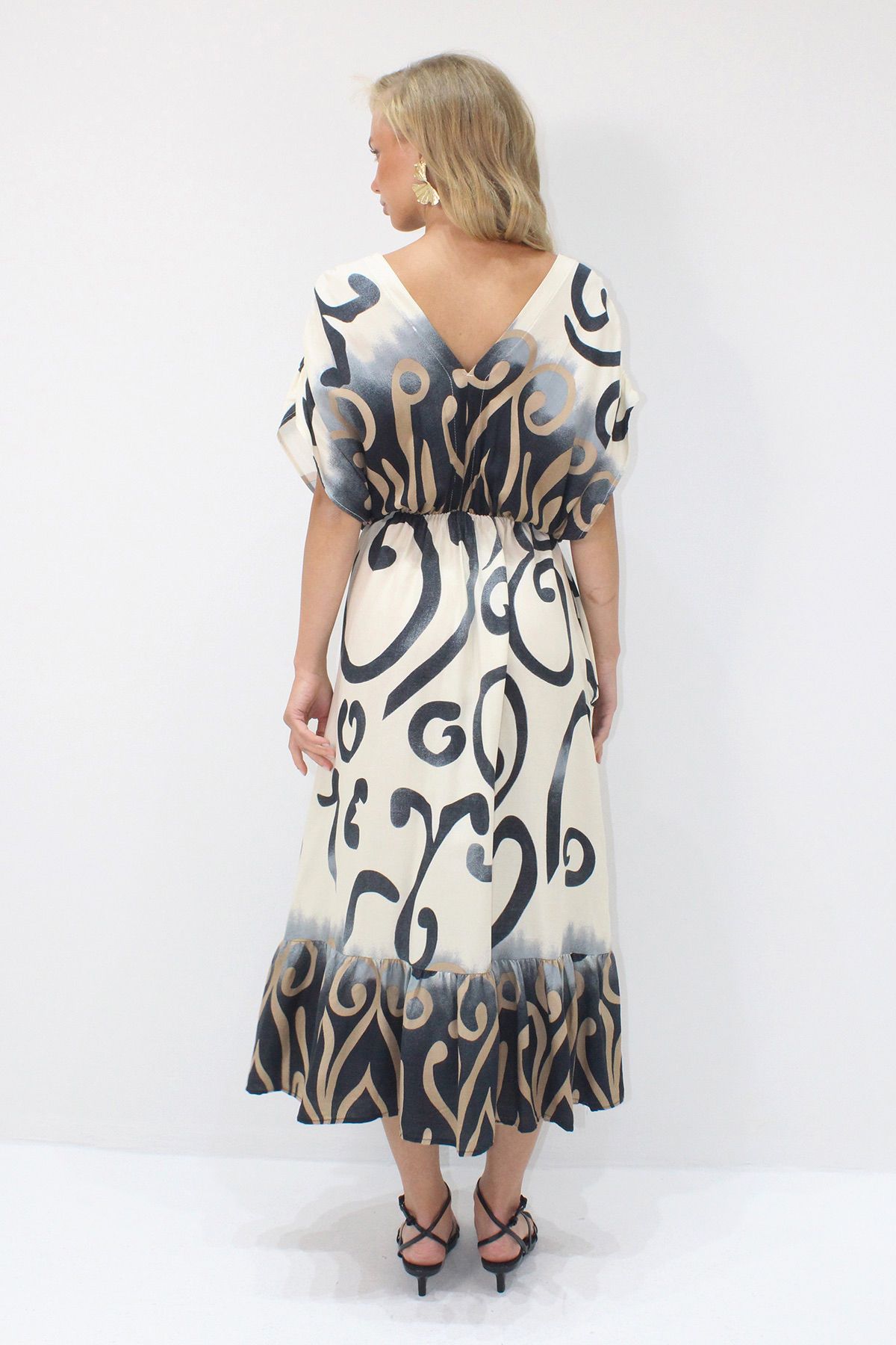 VAGGON-Rochie de vară țesută pentru femei, negru-bej, față, spate, cu decolteu în V, cu model, cu volan Prmx14199 5