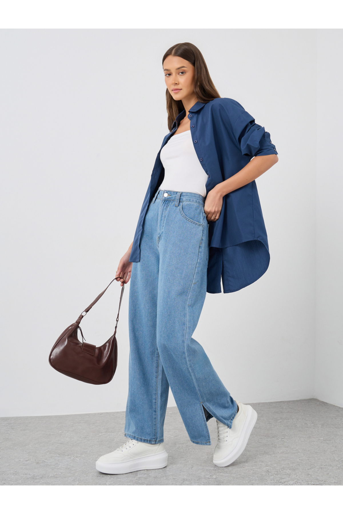 Styli Women Medium Blue Wide Leg Jeans with Side Slit