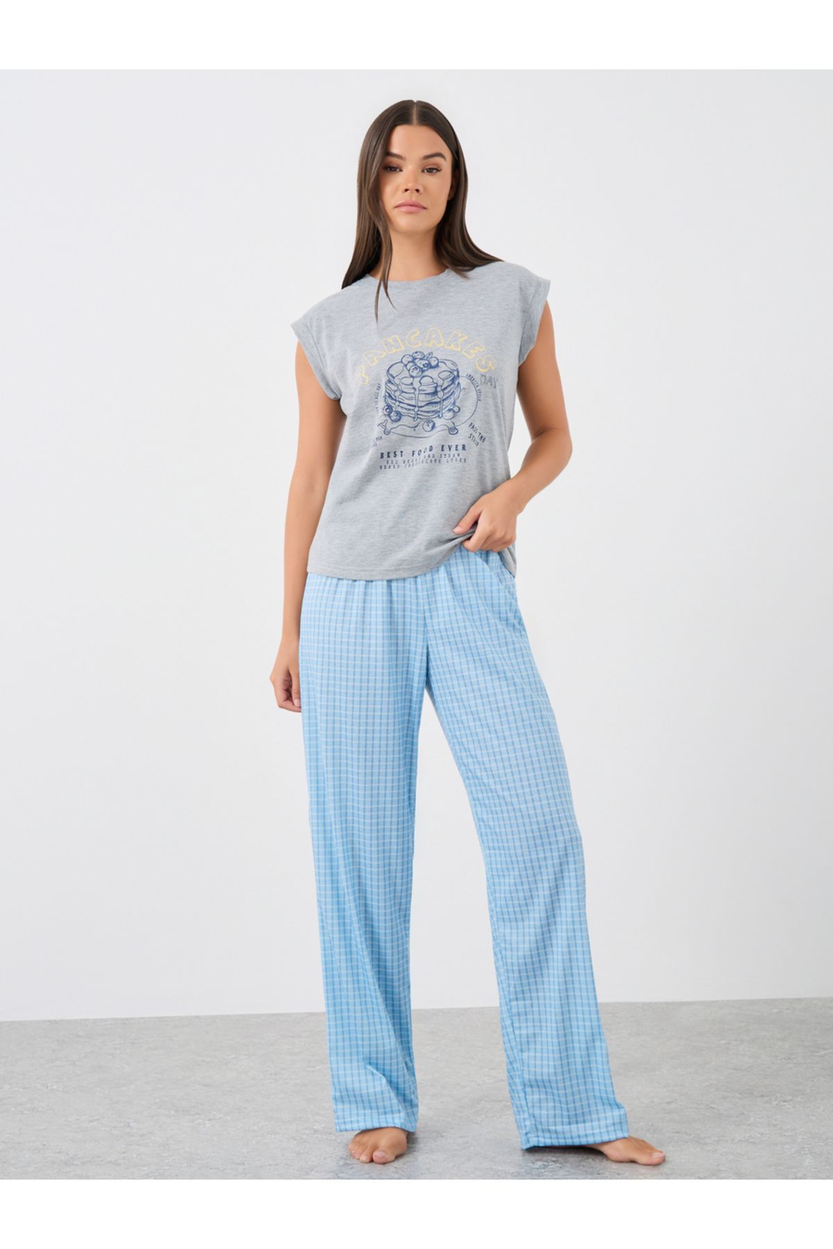 Styli-Pancake Graphic Print Tank and Gingham Checked Pyjama Set 1