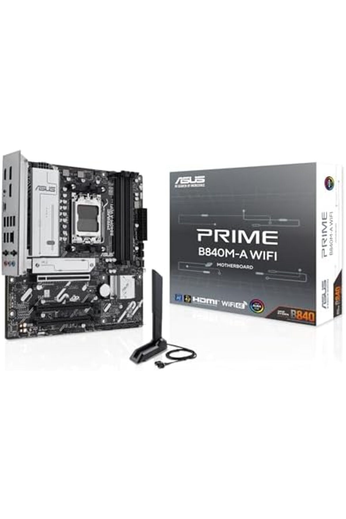 ASUS-Prime B840M-A Wi-Fi AMD AM5 (AMD B840, mATX, DDR5 Memory, 3X M.2, PCIe 4.0, Wi-Fi 6E, Aura Sync 2