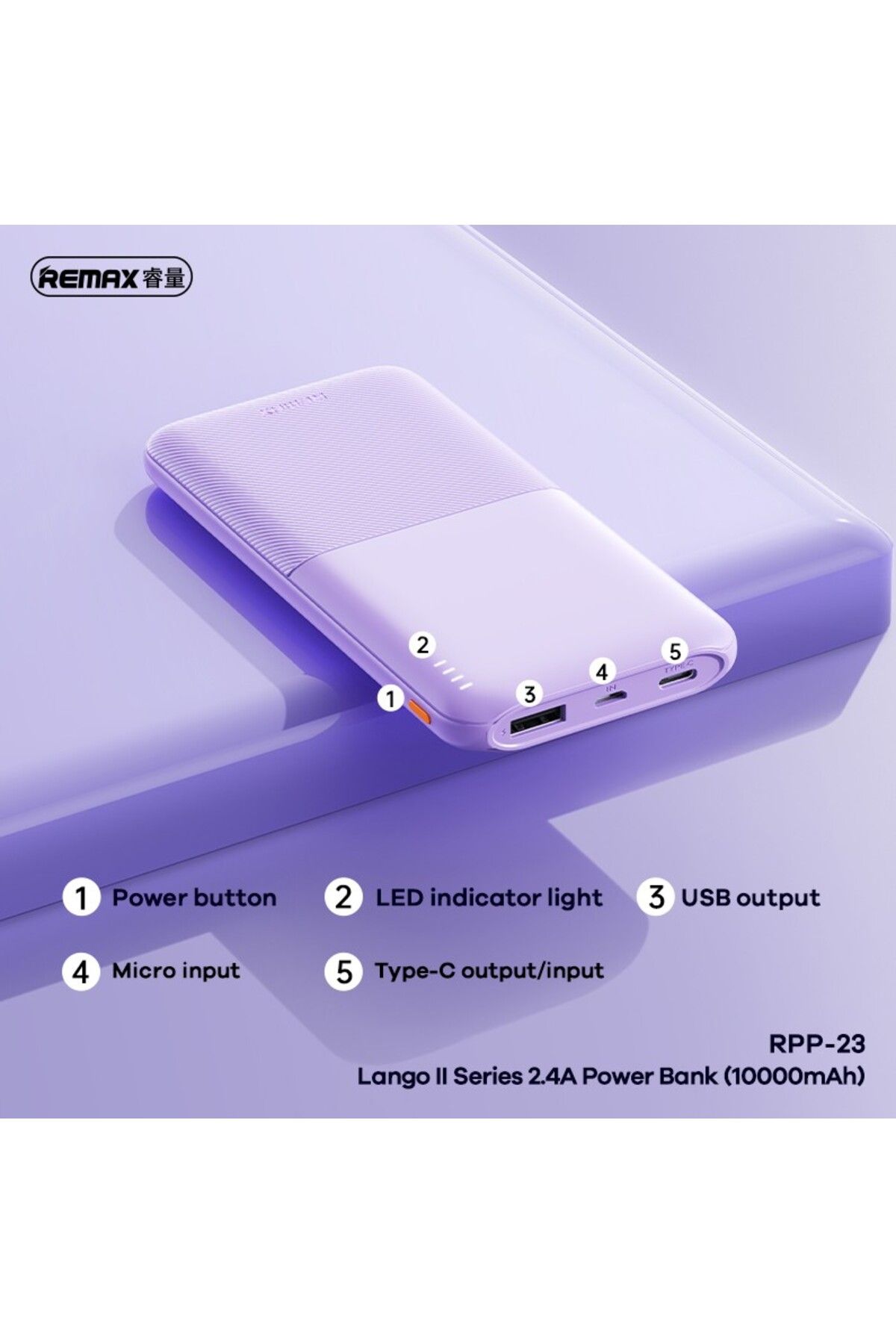 REDz Accessories-Baterie externă Remax RPP-23, 10.000 mAh, USB + Tip-C, Indicator LED, Mov 7