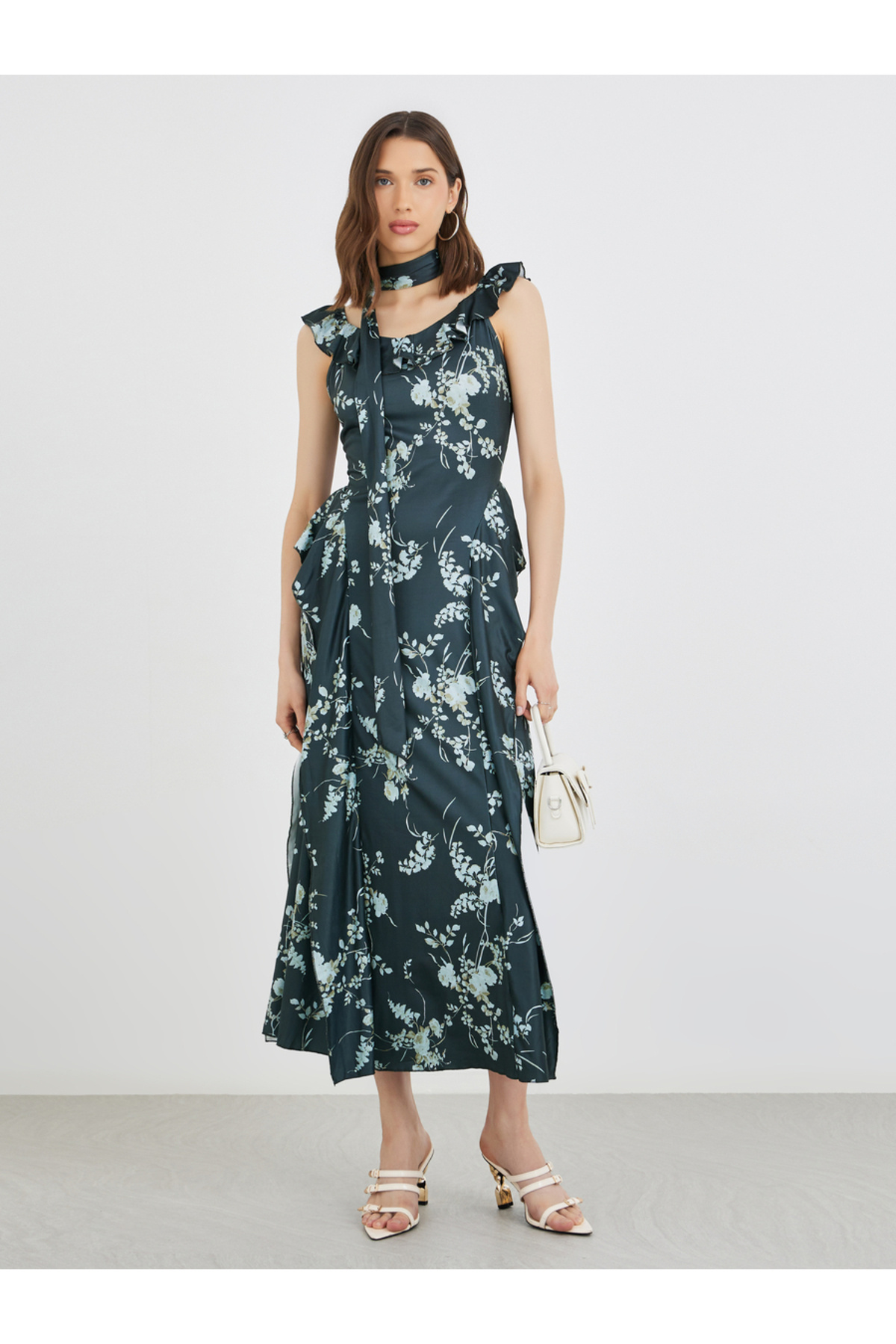 Styli Floral Print Ruffle Trim A-Line Midi Dress with Slit