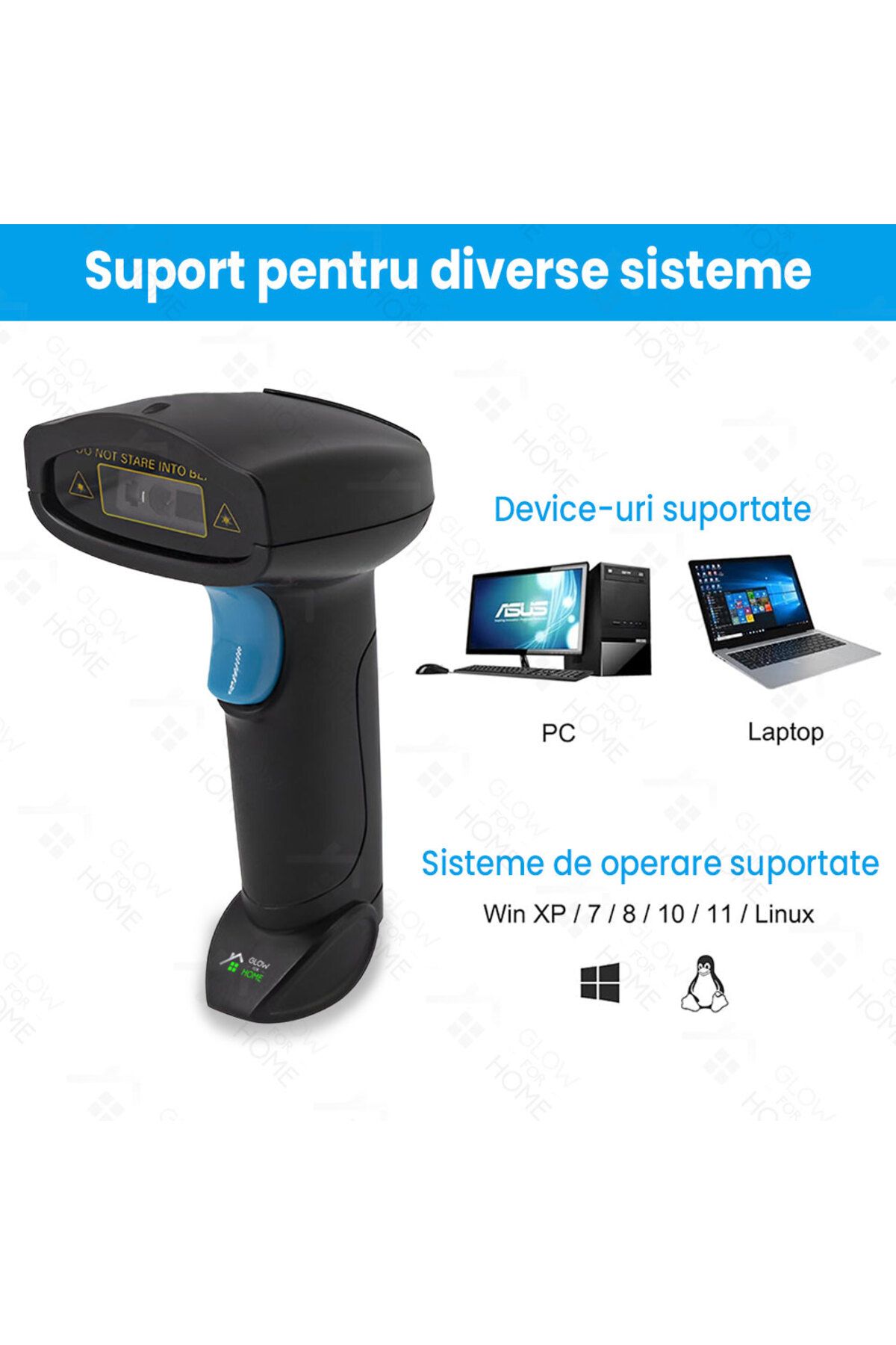 GlowforHome-Wireless laser barcode reader, GlowforHome, 1D/2D/QR/EAN-13, Bluetooth, 100m wifi 4