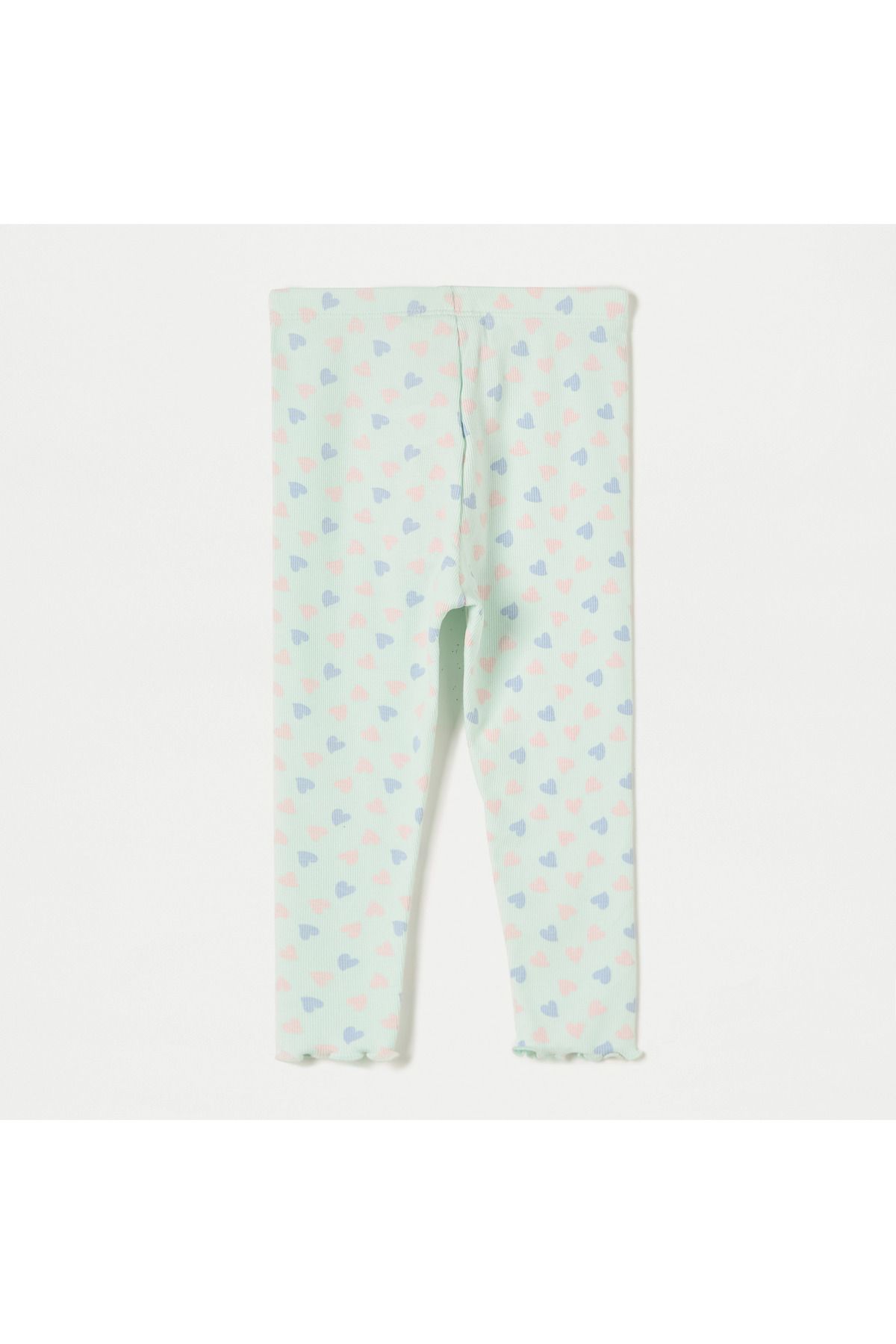 Juniors-All-Over Heart Print Leggings with Lettuce Hem and Button Accent 2