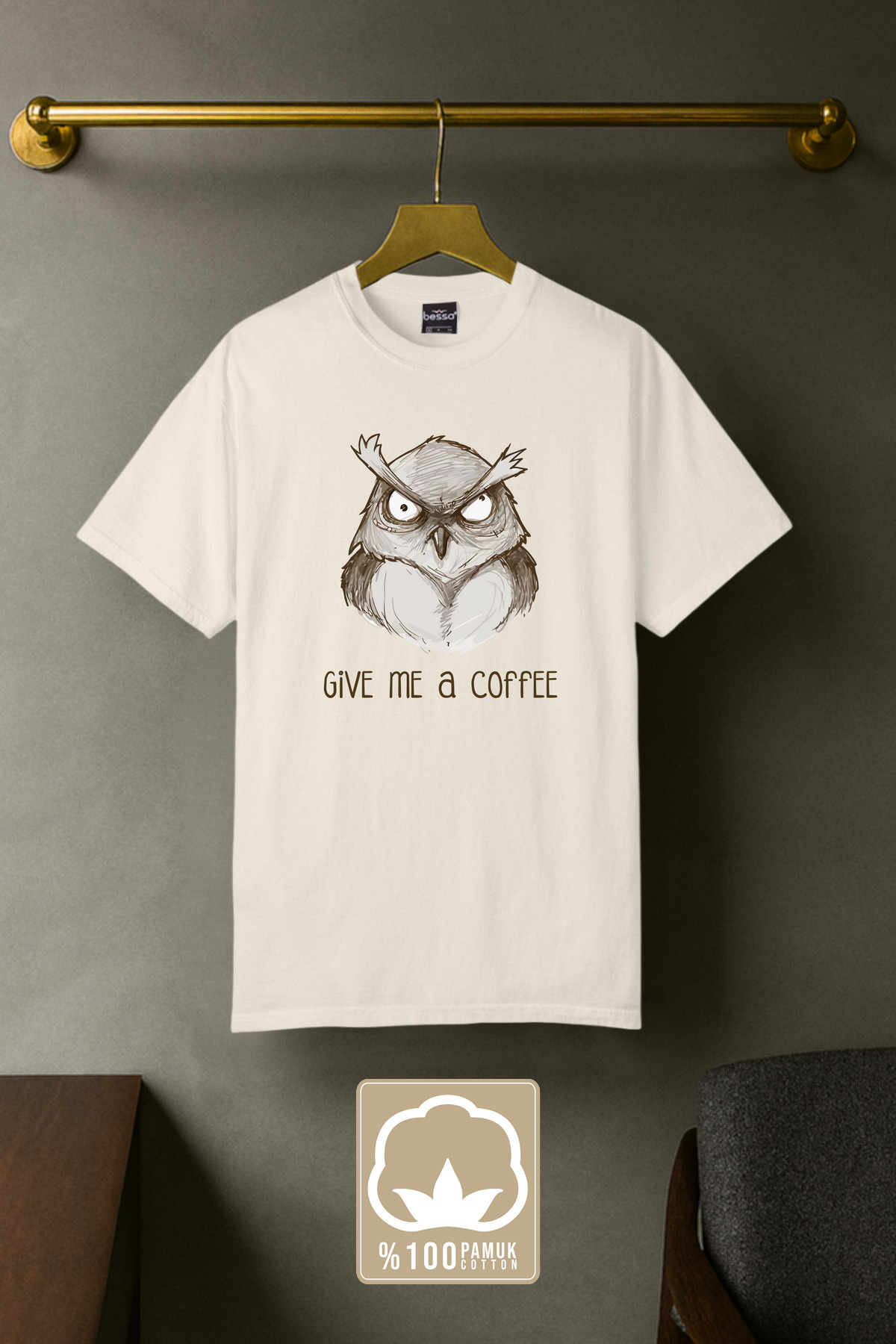 BESSA Bej Baskılı Tişört Give Me a Coffee Yazılı Oversize Kalıp %100 Pamuklu