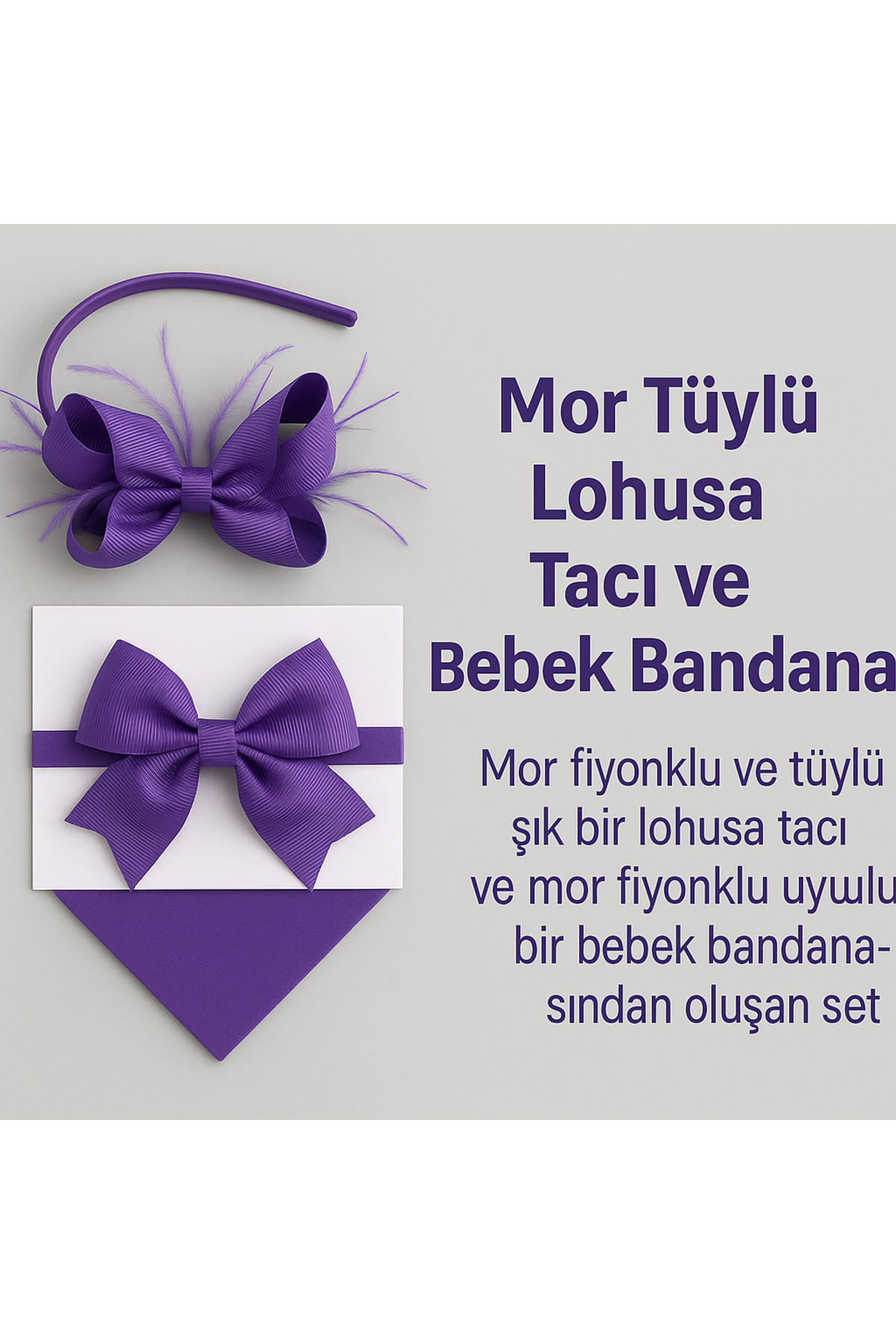 Massaltay Mor Fiyonklu Tüylü Lohusa Tacı ve Bebek Bandanası – Anne Bebek Uyumlu Şık Hastane Çıkışı Seti fotoğrafı 2 (önizleme)