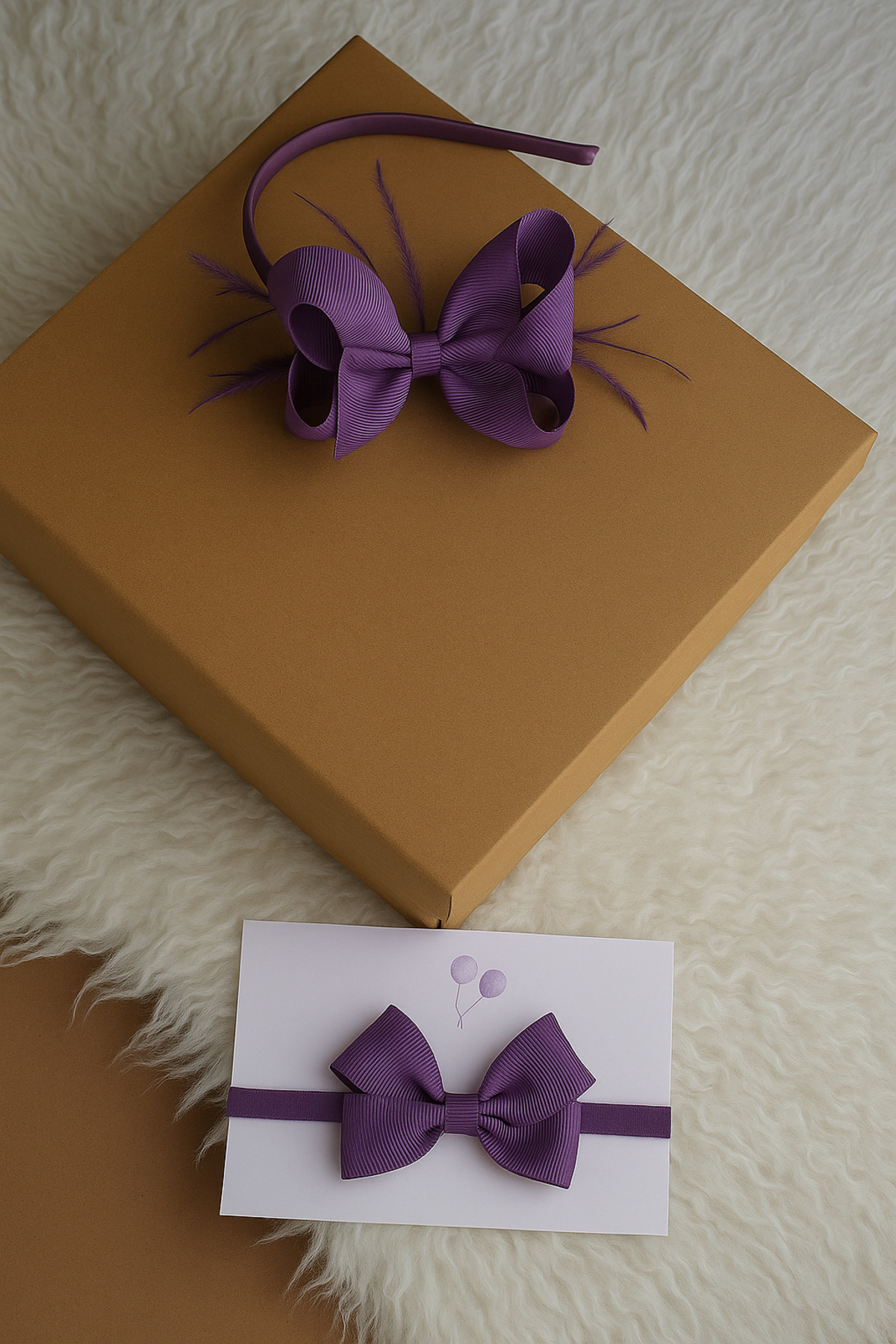 Massaltay Mor Fiyonklu Tüylü Lohusa Tacı ve Bebek Bandanası – Anne Bebek Uyumlu Şık Hastane Çıkışı Seti fotoğrafı 3 (önizleme)