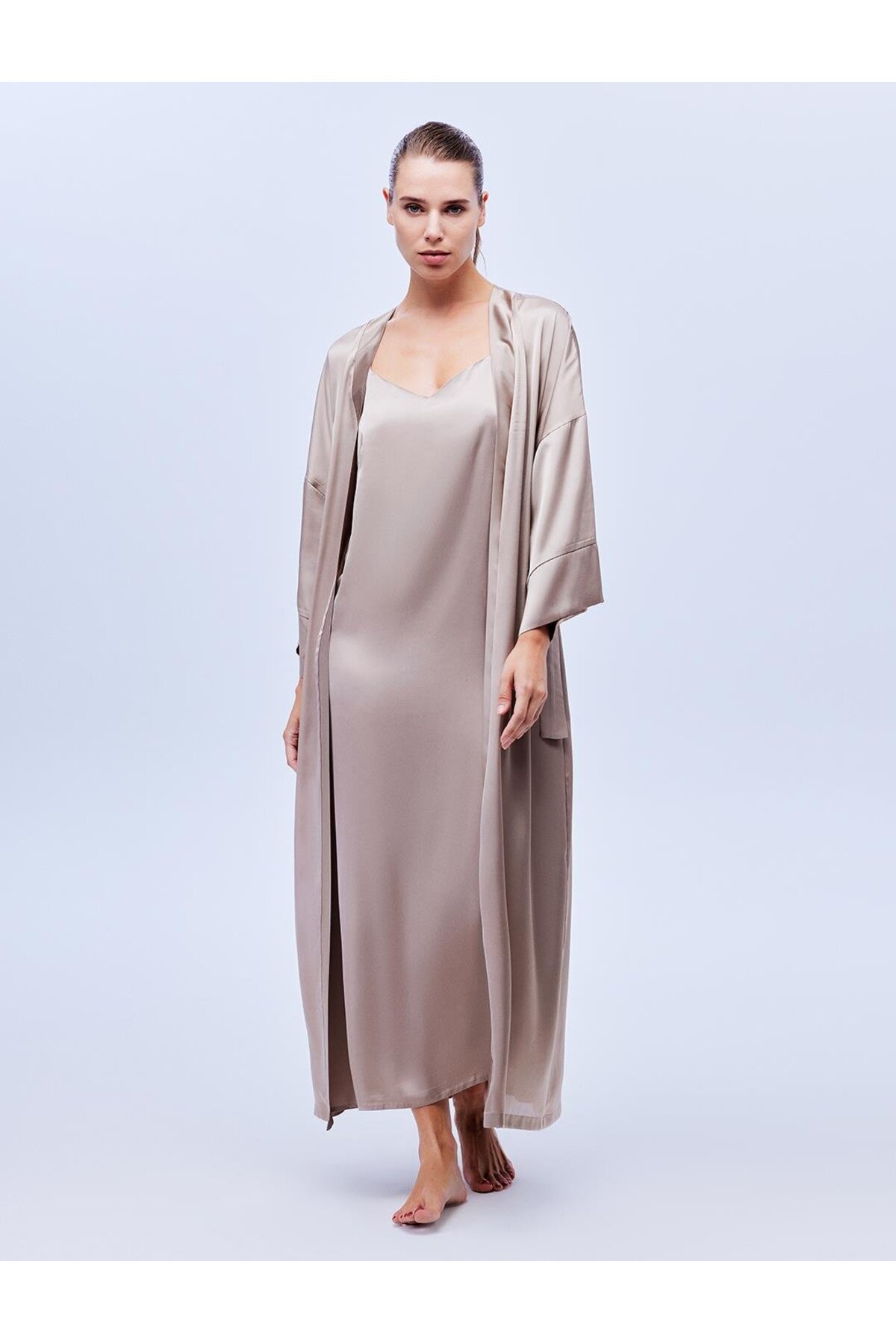 BONJOUR MADAME Saten Uzun Askılı Gecelik Sabahlık 2Li Takım BM-1631 Vizon