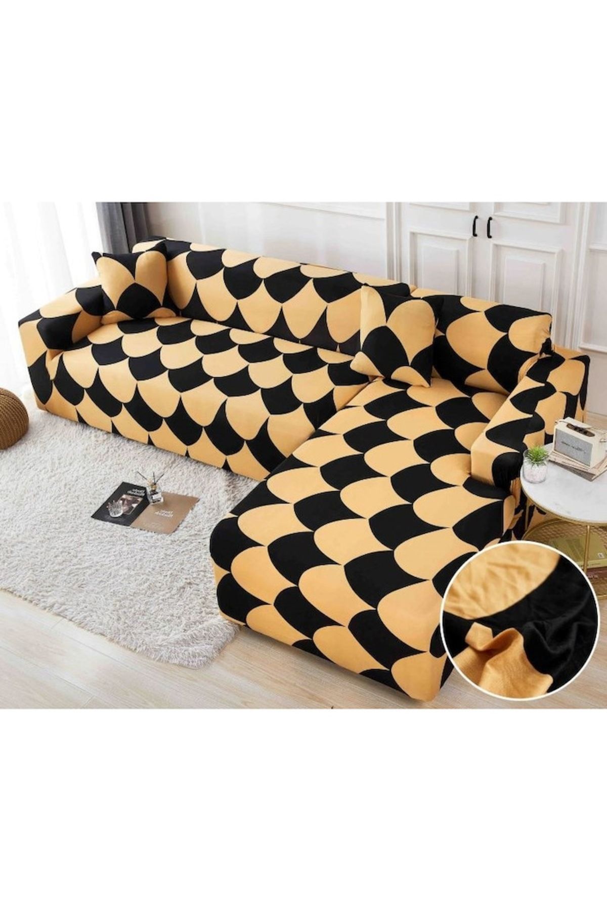 JOJO HOME-Elastic Slipcover for Corner Sofa, Jojo Home, Abstract Print, Yellow and Black 3