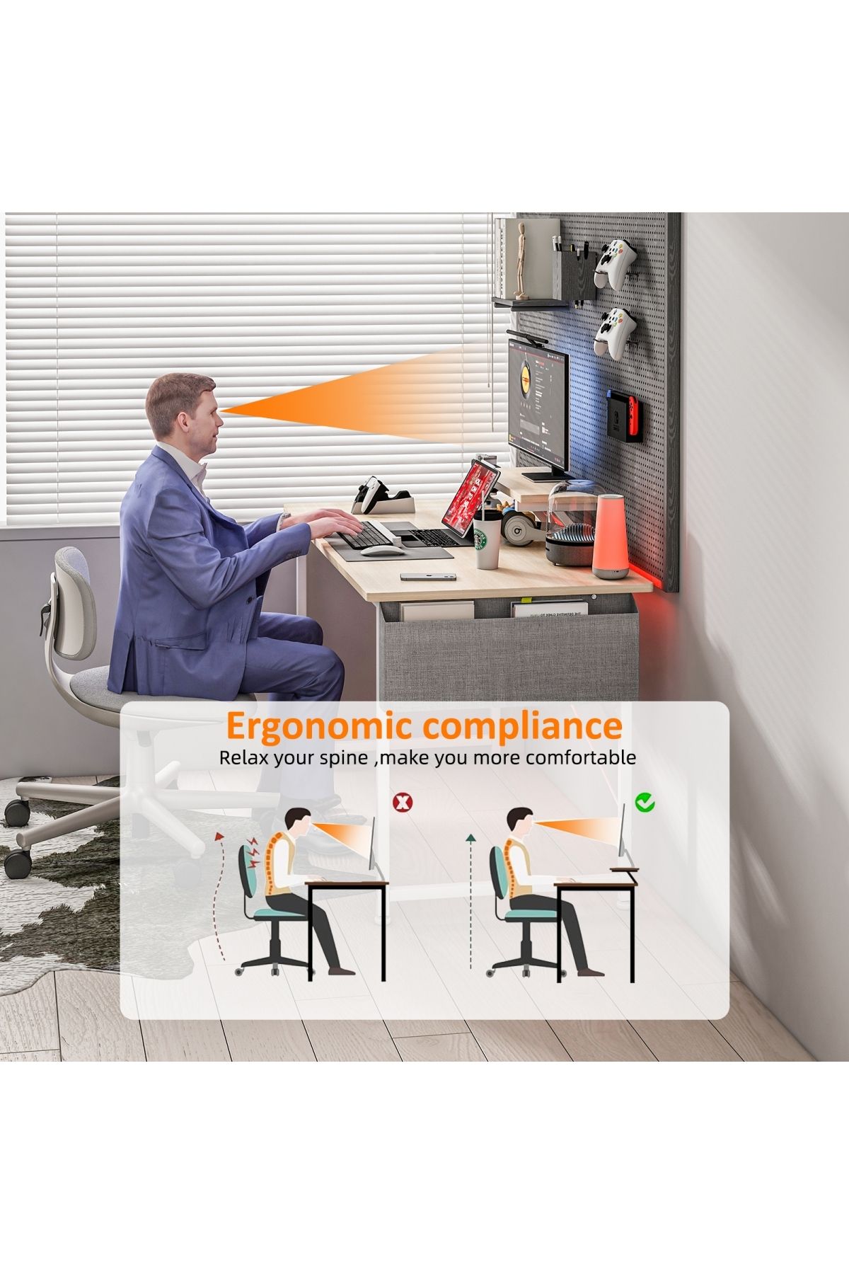 Sheinhome-مكتب دراسة مع حقيبة تخزين، مكتب كمبيوتر منزلي مع حامل شاشة 4