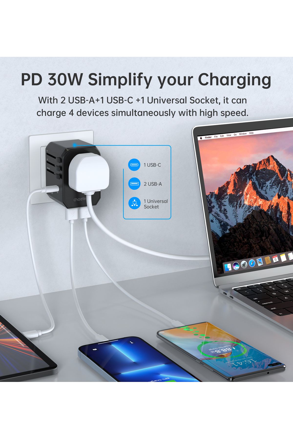 CHOETECH-Încărcător universal de călătorie USB-C 2x USB-A PD 30W mufe US EU UK AU negru 10