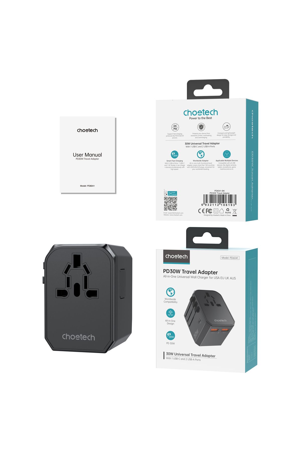 CHOETECH-Încărcător universal de călătorie USB-C 2x USB-A PD 30W mufe US EU UK AU negru 7