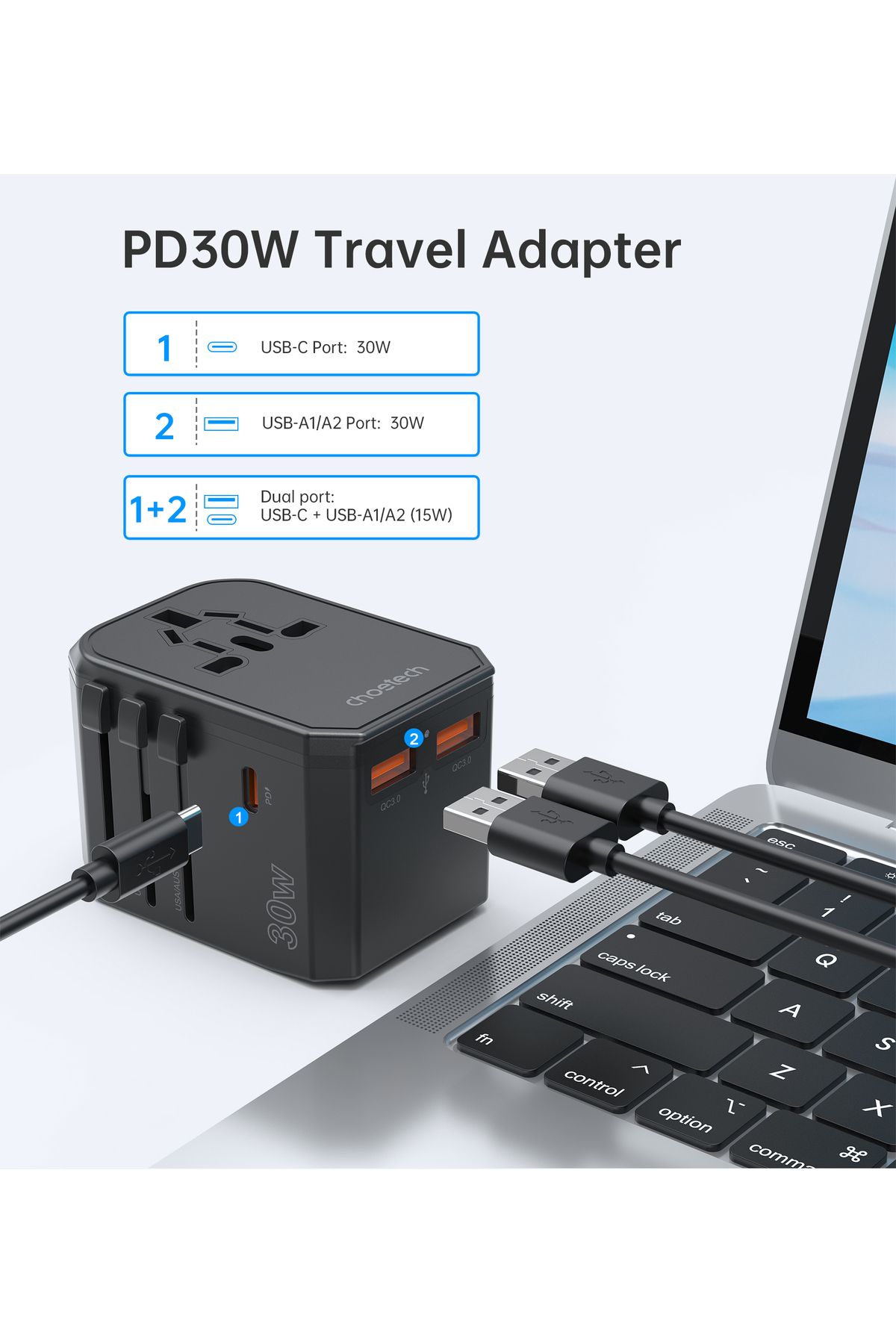 CHOETECH-Încărcător universal de călătorie USB-C 2x USB-A PD 30W mufe US EU UK AU negru 8