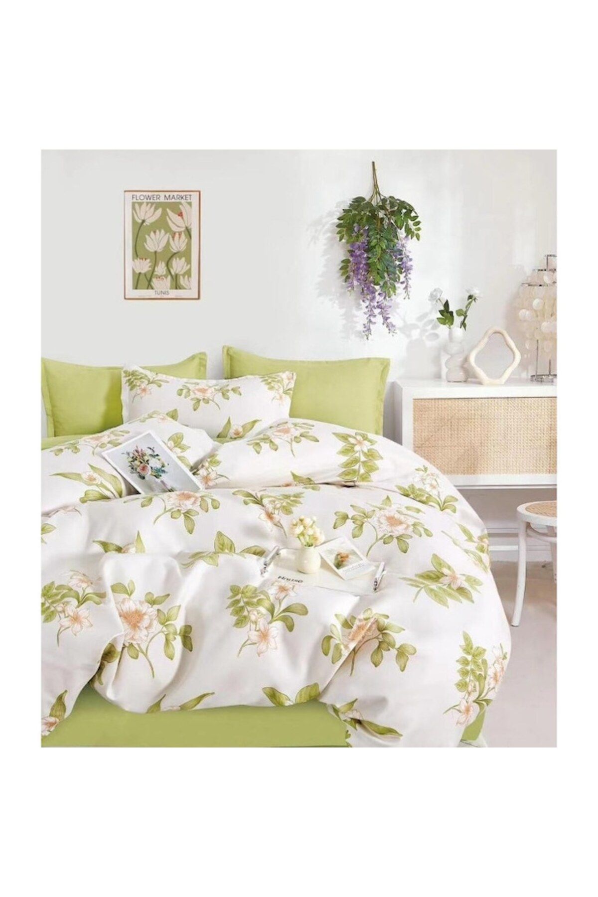 OEM-Double Bed Linen, Floral Print, Reversible Sheet, 6 Pieces, 2 Persons, 230x245cm, Finet, White-Olive 3