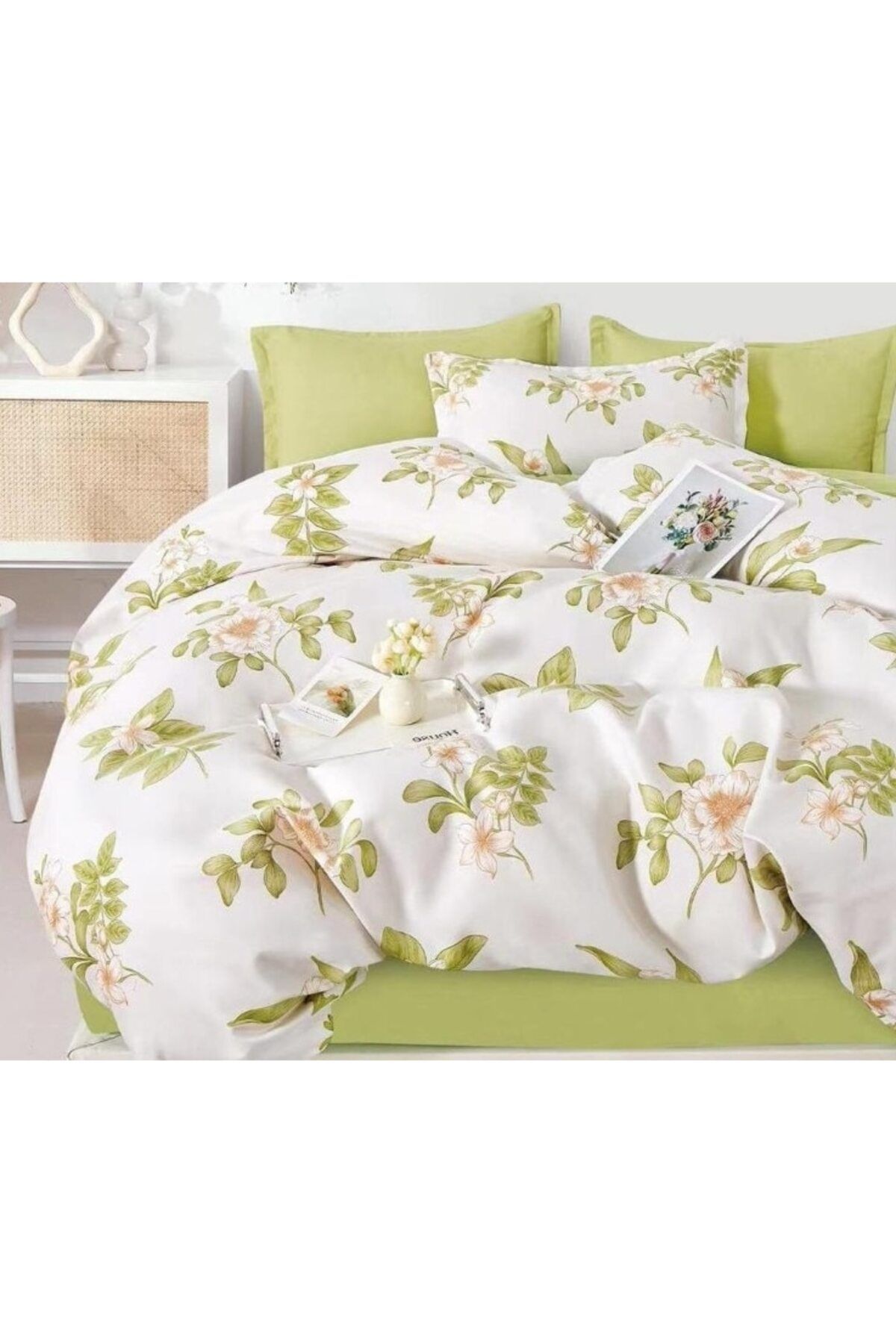 OEM-Double Bed Linen, Floral Print, Reversible Sheet, 6 Pieces, 2 Persons, 230x245cm, Finet, White-Olive 4