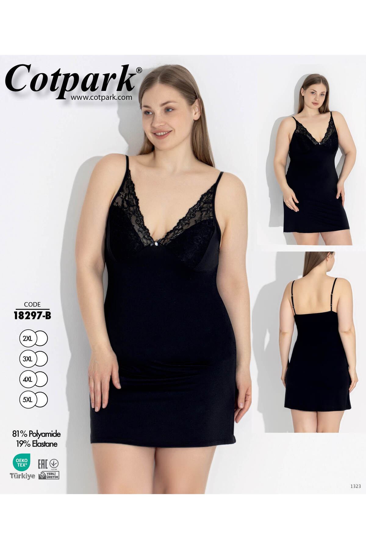 Cotpark Kadın Büyük Beden Askılı Dantelli Gecelik 18297-B