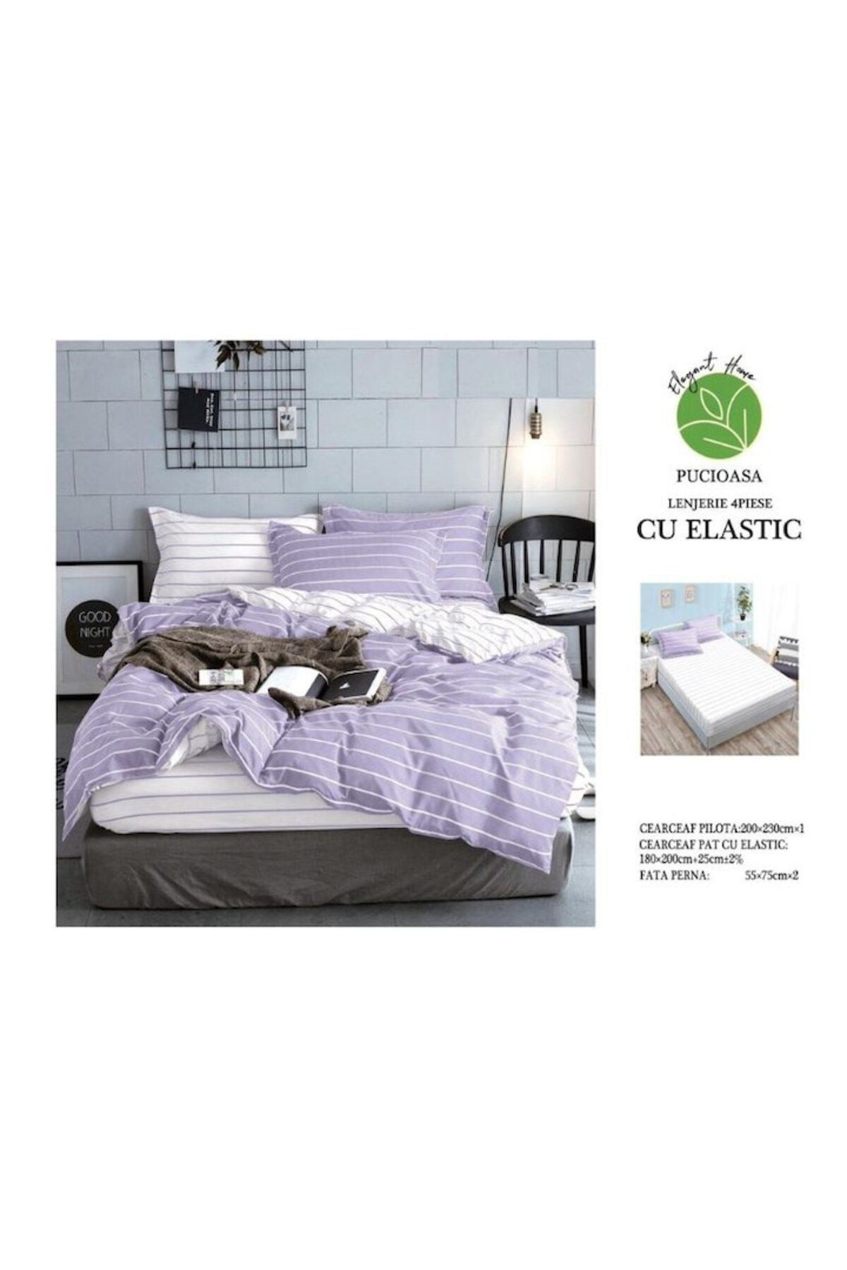 Pucioasa-Double Bed Linen, Pucioasa, Reversible, Striped Print, 4 pieces, 2 people, 180x200cm, Satin Cotton, 3