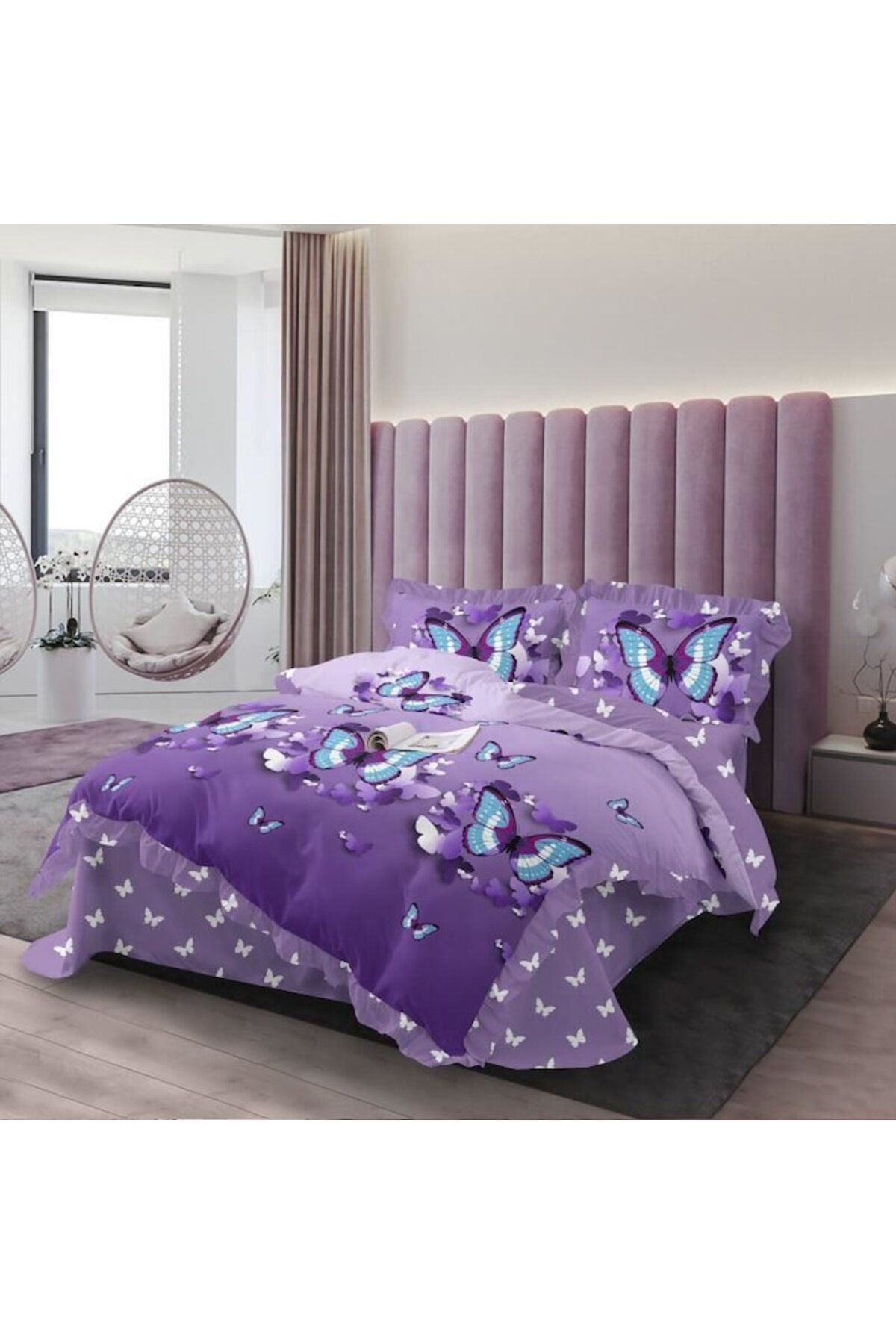 OEM-Double Bedding Set, Spring, Finet, 4 Pieces, 2 Persons, Multicolored Butterfly Print, 230x250cm 3