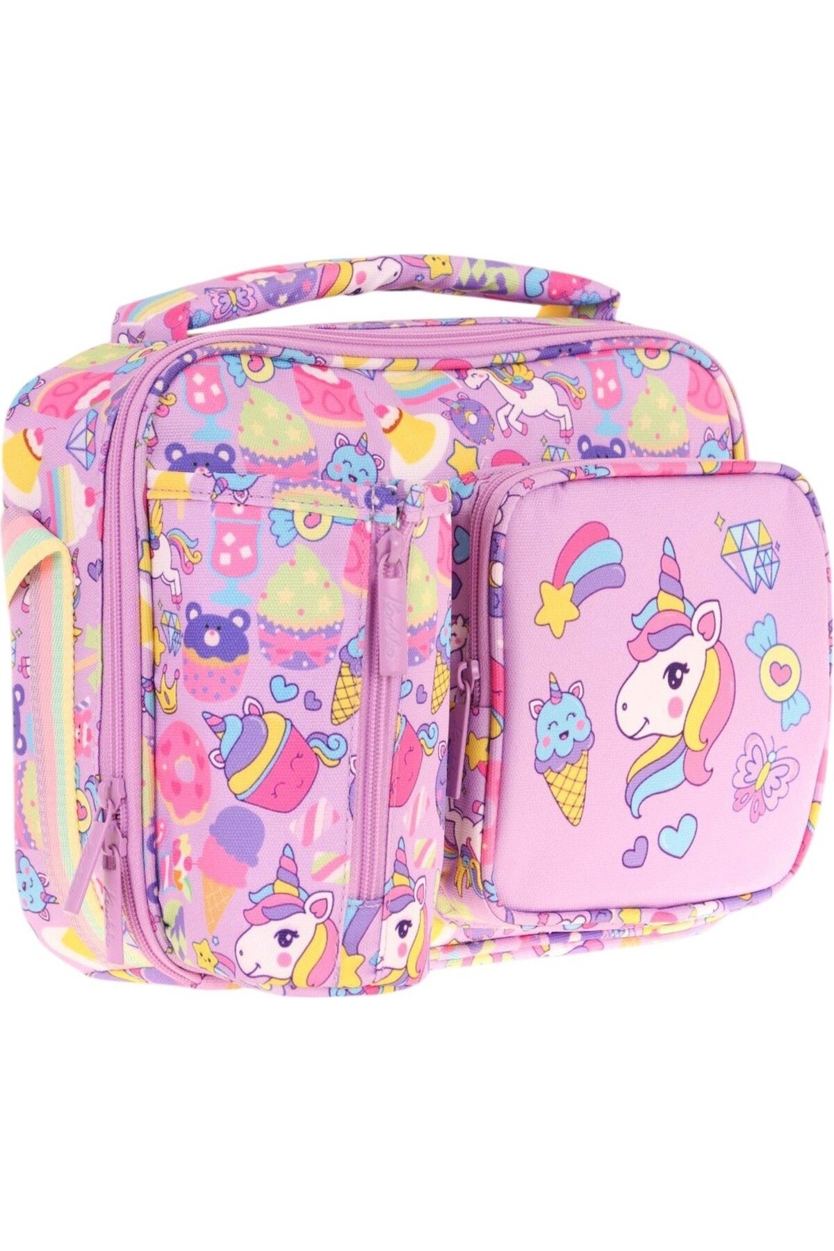 Girls Lilac Unicorn Pattern Thermal Insulated Three Compartment (Canteen Pocket) School Lunch Bag L7215