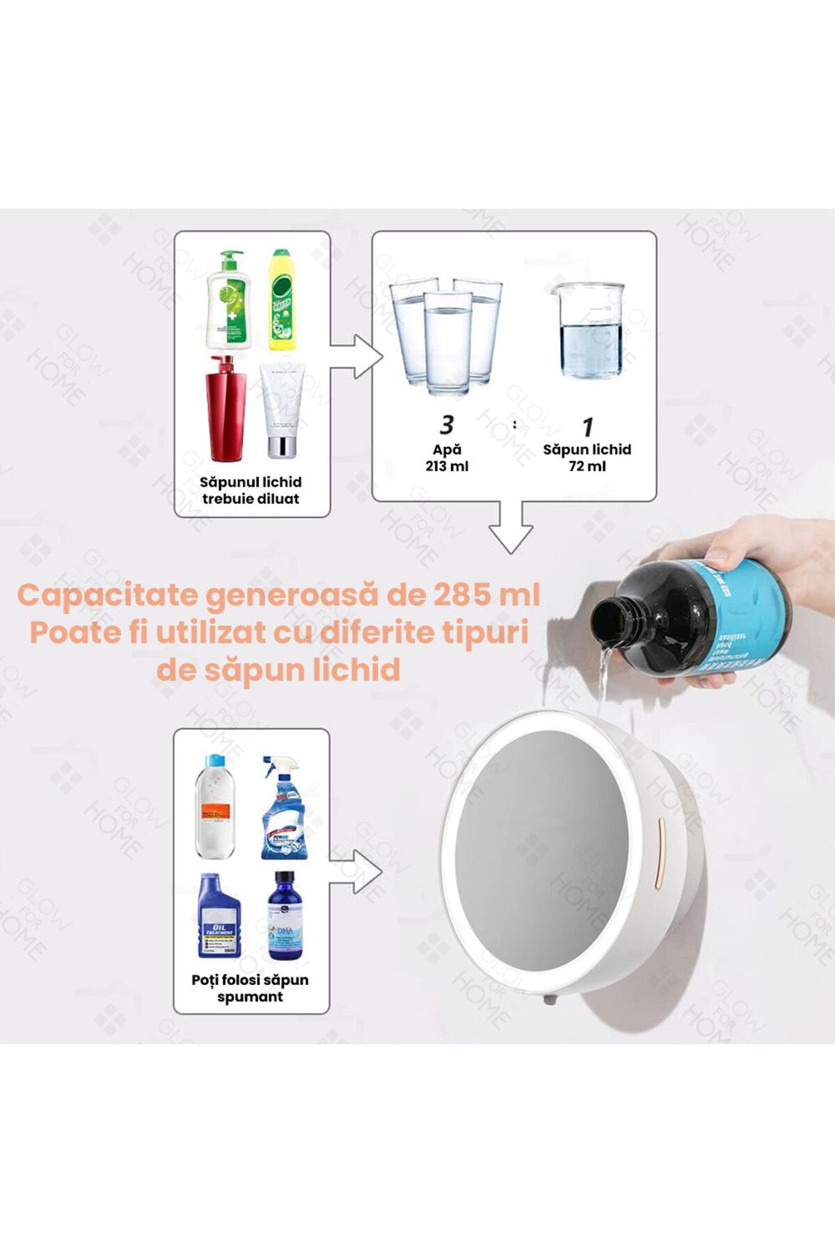 GlowforHome-Dispenser sapun lichid spuma automat GlowforHome, LED oglinda, senzor miscare, 3 dozari, USB-C, alb 4