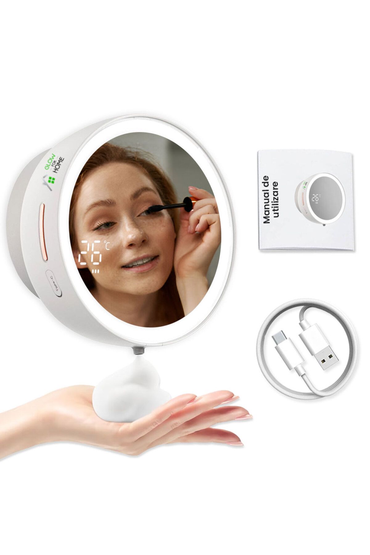 GlowforHome-Dispenser sapun lichid spuma automat GlowforHome, LED oglinda, senzor miscare, 3 dozari, USB-C, alb 1