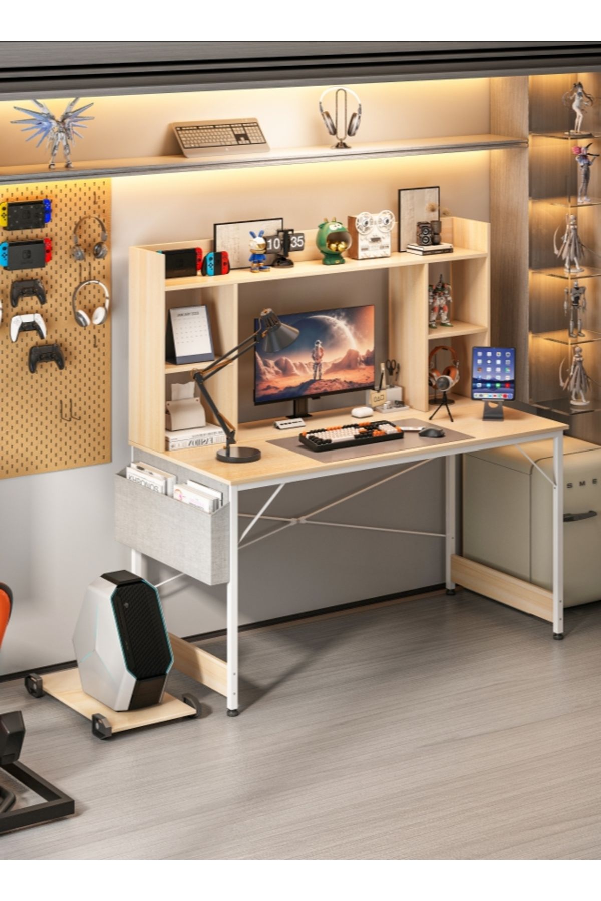Sheinhome-Study Desk with Bookshelf, Computer Table Home Office Desks With Storage Bag,CPU Holder 2