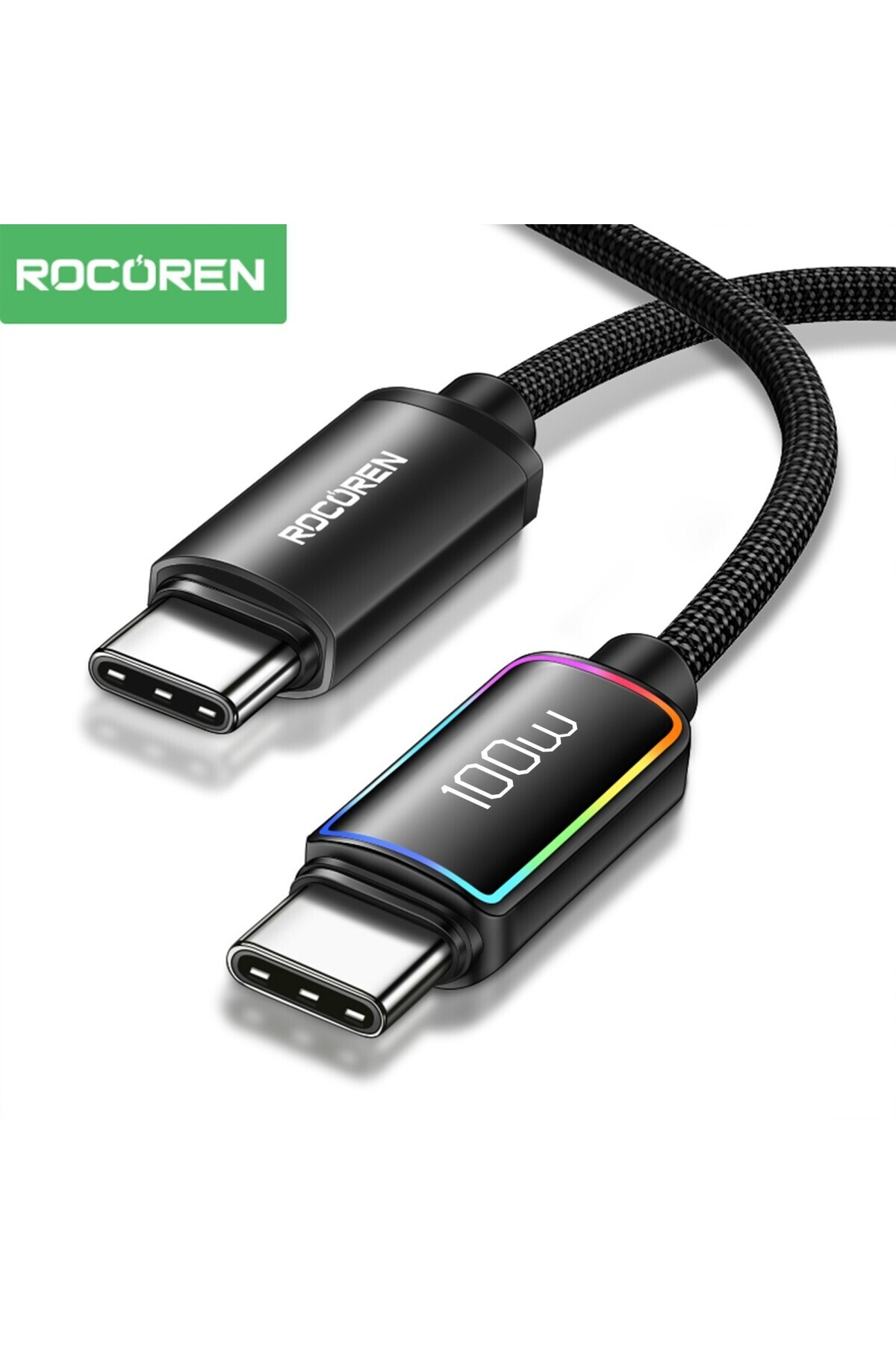 Rocoren 100W Type-C to Type-C RGB Aydınlatmalı Örgülü Şarj ve Data Kablosu 1 Metre