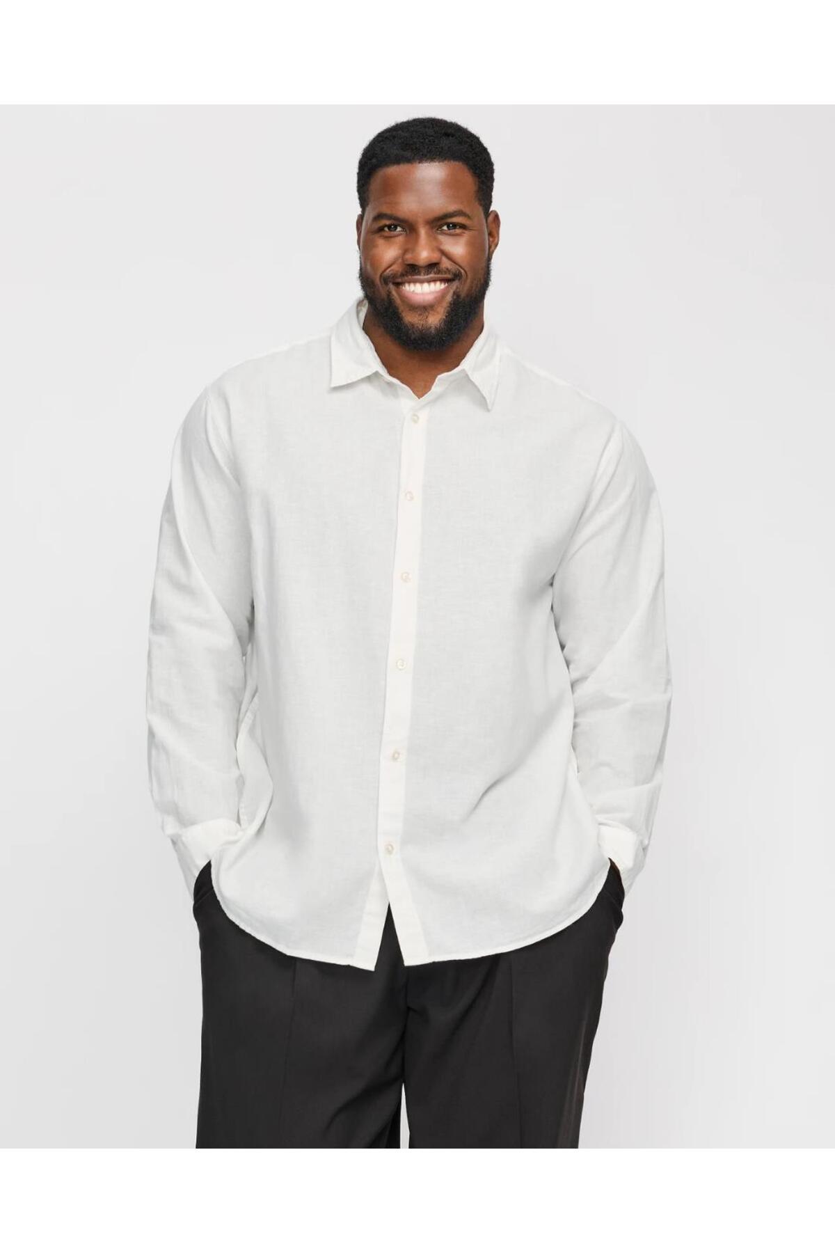 Jack & Jones JACK&JONES 12269089 BATTAL BUYUK BEDEN JJEBREEZE LINEN BLEND ERKEK UZUN KOL GOMLEK