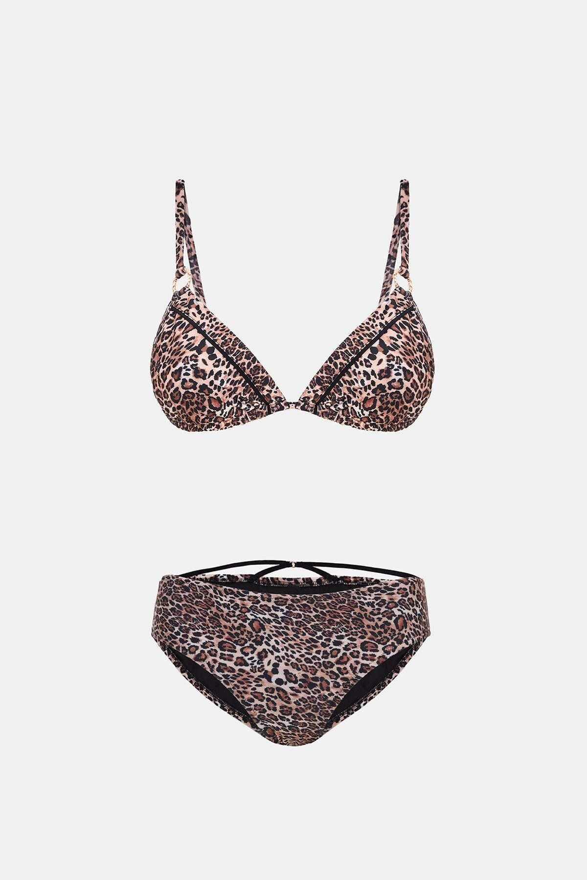Amarelle-Capetown Leopard Patterned Non-Filled Removable Cup Removable Ribbed Bikini Set 1