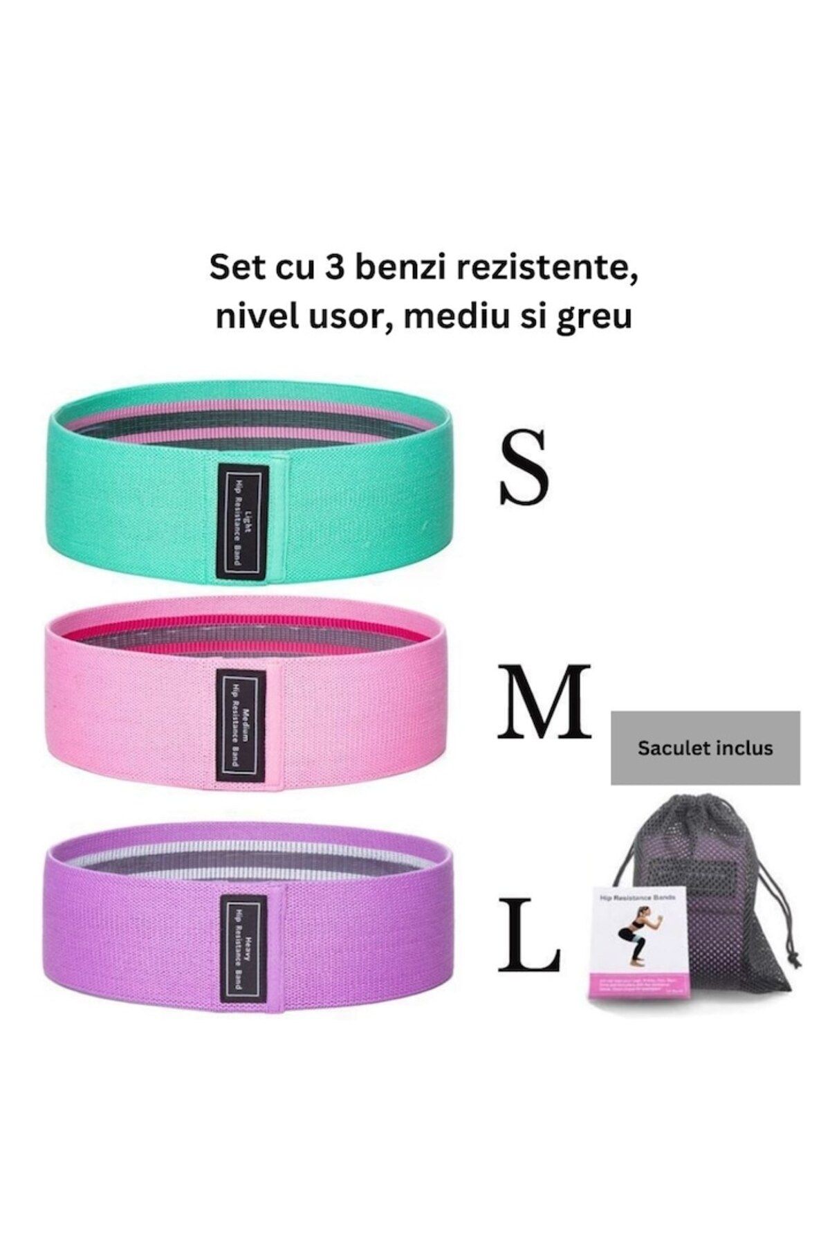 OEM-Set benzi de rezistență, material textil, 3 niveluri de rezistență, geantă inclusă, culori: verde, roz, p 3