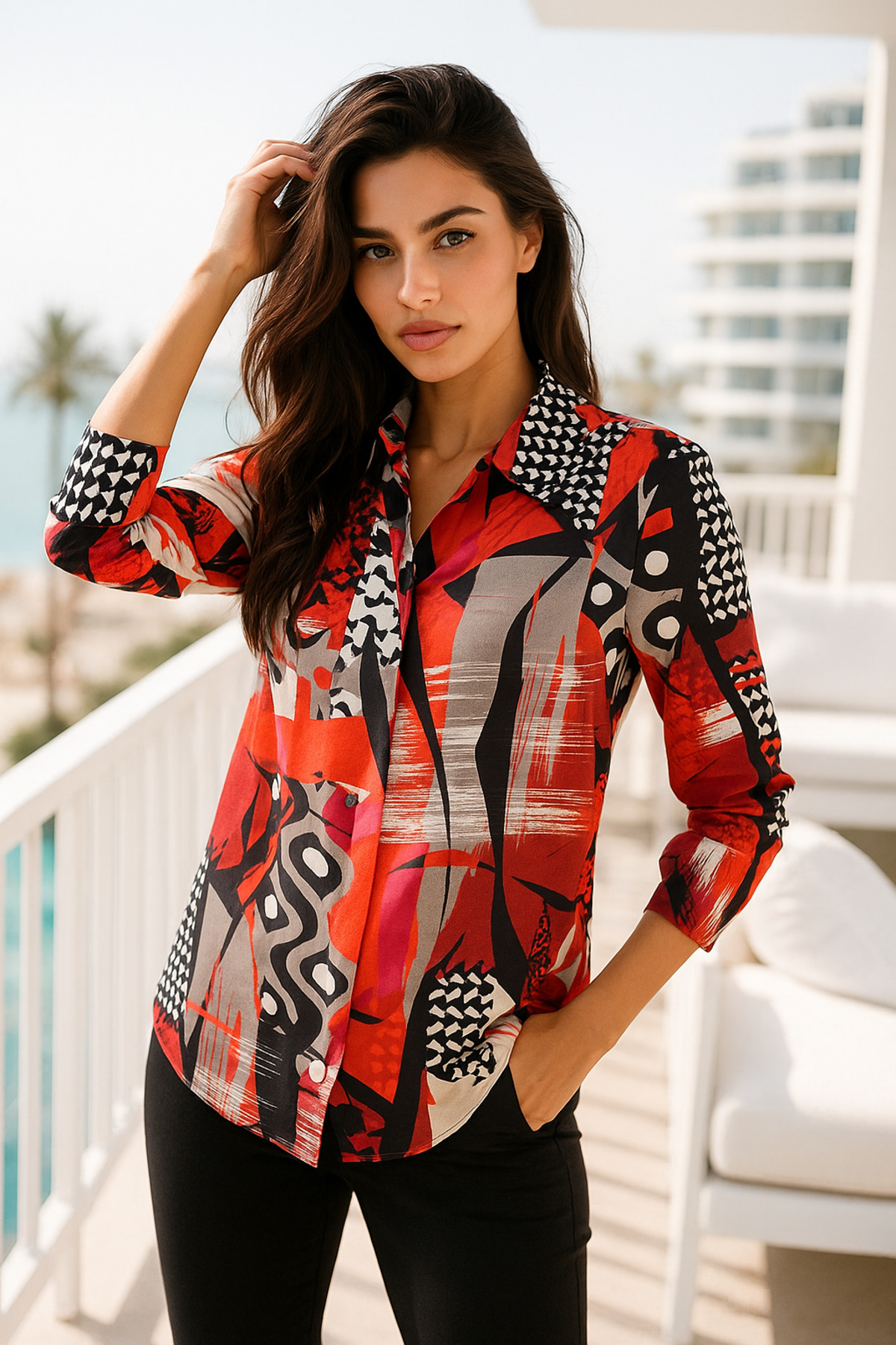 Rich  Kadın Kırmızı Desenli Slim Fit Gömlek - Gizli Düğme Detaylı Gömlek - Görsel 2