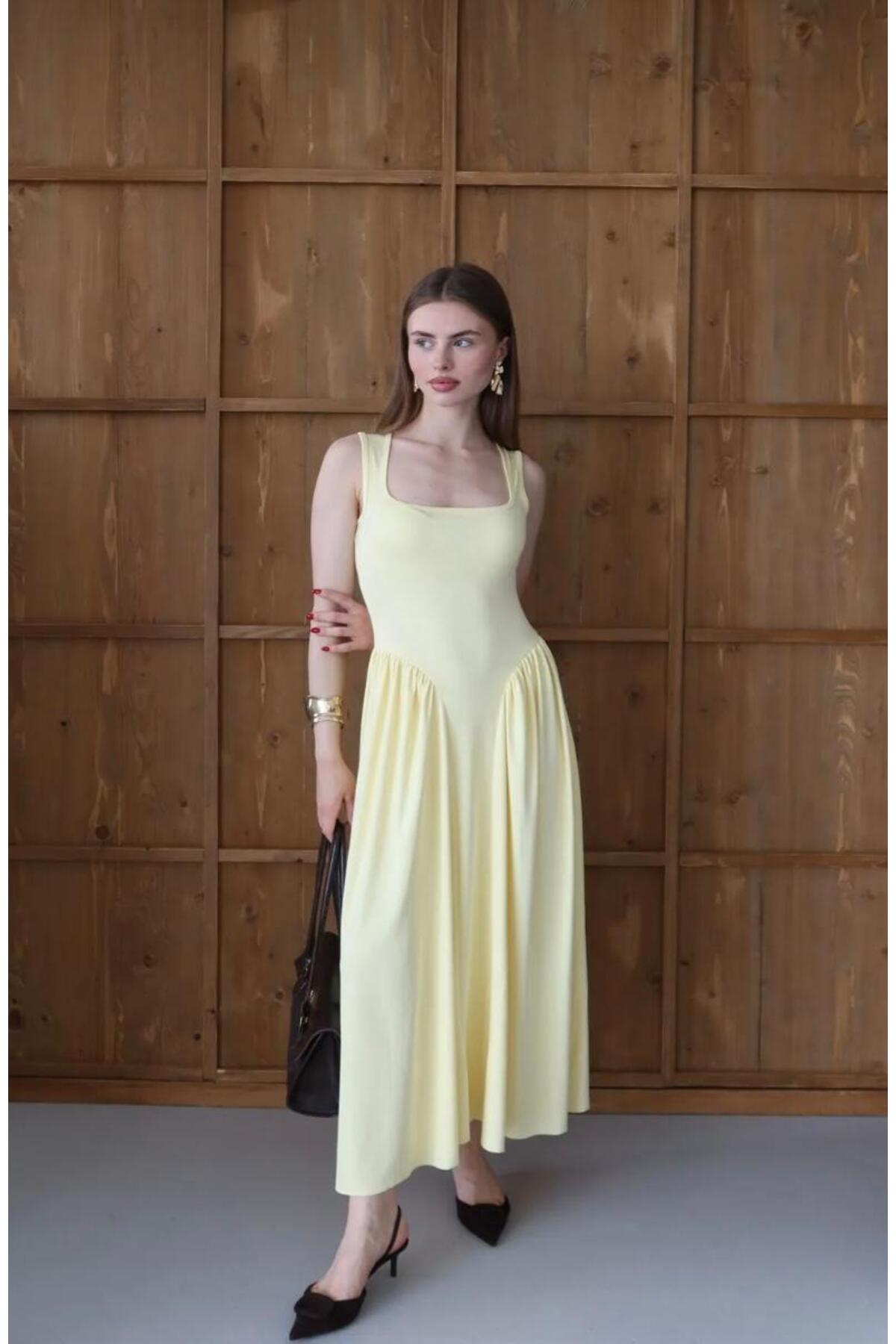 MEGOMEL  Kadın Kare Yaka Kalın Askılı Şık Tasarım Elbise - Görsel 6