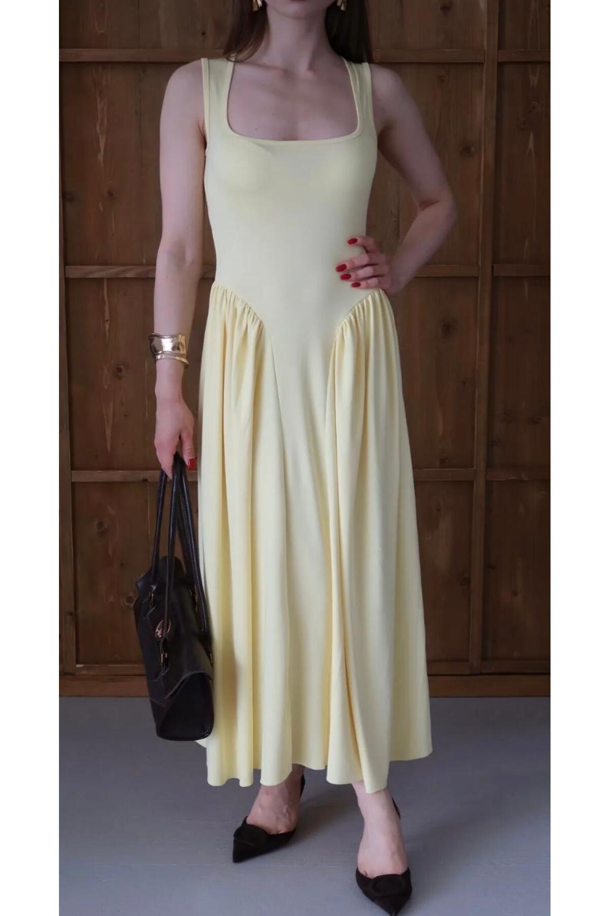 MEGOMEL  Kadın Kare Yaka Kalın Askılı Şık Tasarım Elbise - Görsel 5