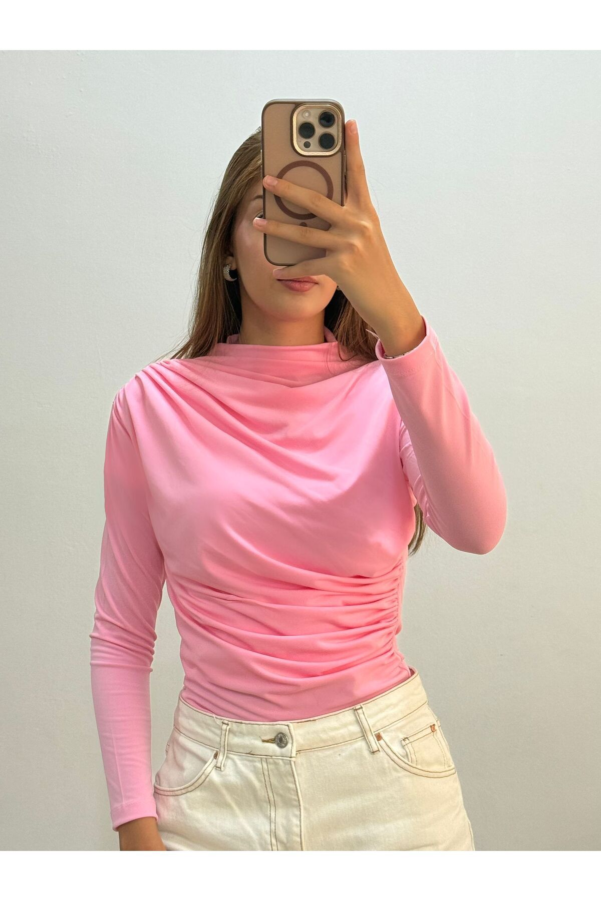 peri tower  Kadın Pembe Büzgü Detaylı Dik Yaka Sandy Bluz - Görsel 5
