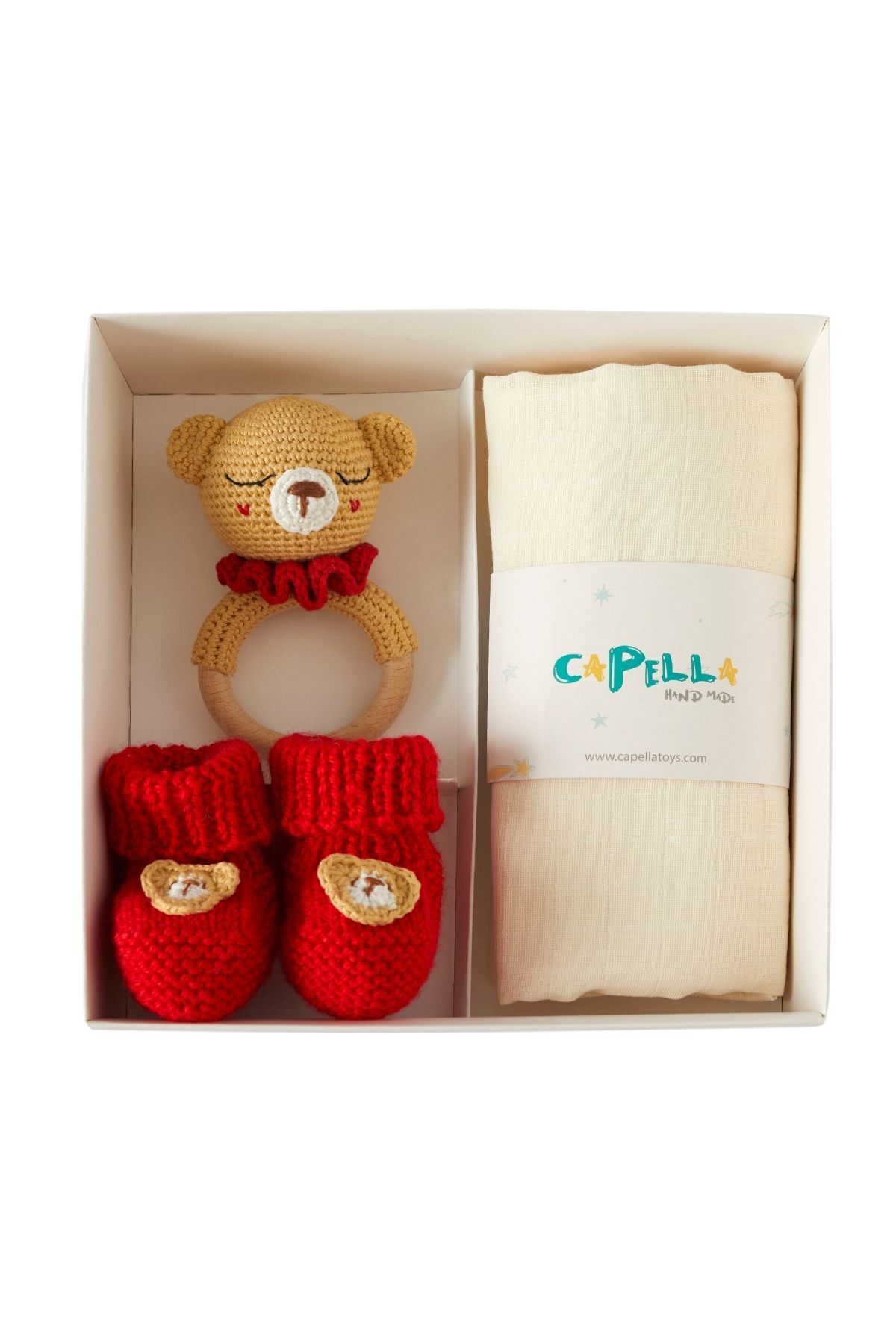 Amigurumi Yenidoğan Bebek Hediye Seti - Kırmızı Ayıcık Diş Kaşıyıcı, Patik ve Müslin