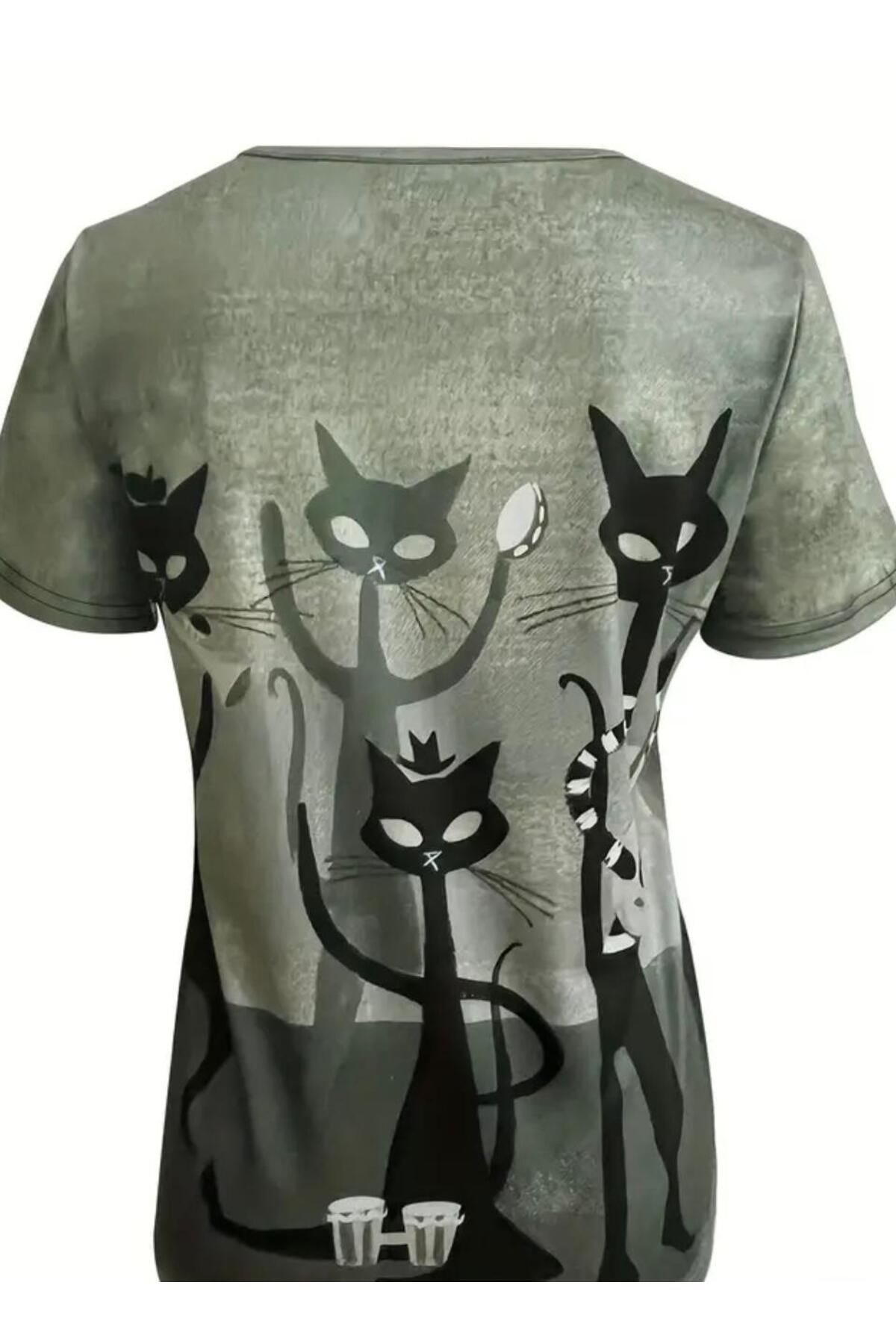 MİXED-Black Cat Patterned Floating Woven Bluz 2