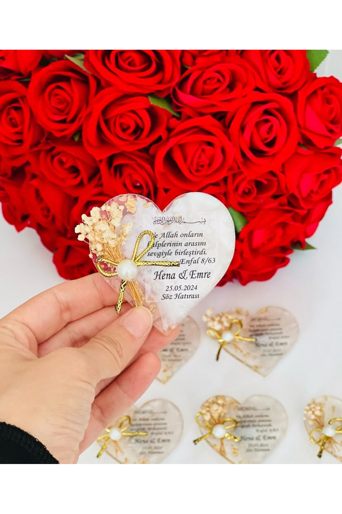 sy süsyağmuru Çiçekli ve Gold Detaylı Kalp Şeklinde Epoksi Magnet Hediyelik 10 Adet