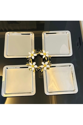 USD HOME 4 lü çiftdal beyaz papatya yandan delikli gümüş kahve sunum servis t...