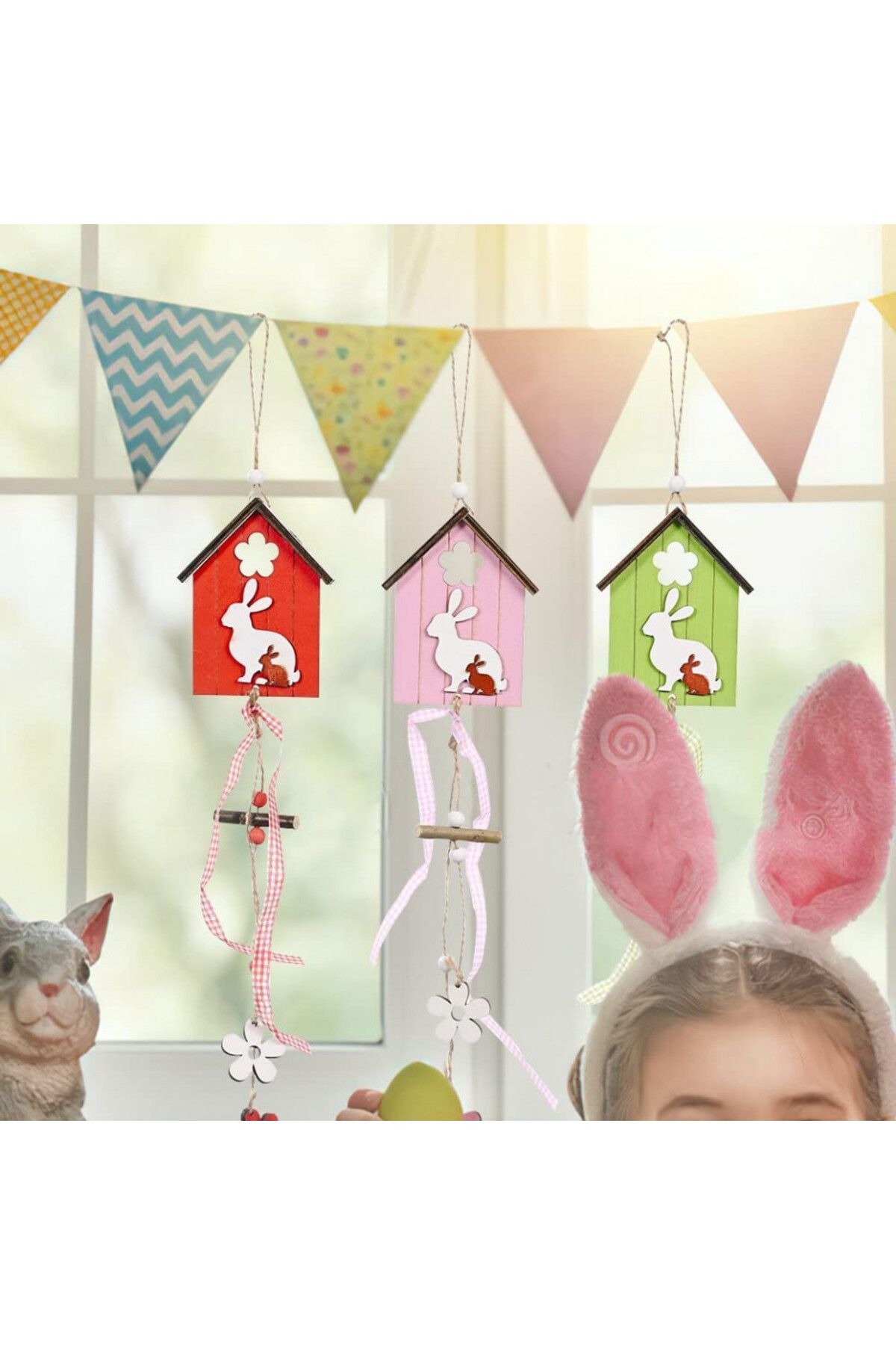 XiXiRan-Set de 3 pandantive de Paște, lemn, multicolore, 10 x 36 cm 4