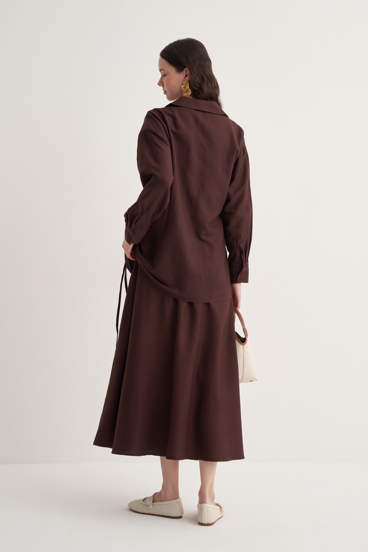 ebu prive  Kadın Cupra Dökümlü Pamuklu Kloş Etek Acı Kahve - Görsel 6