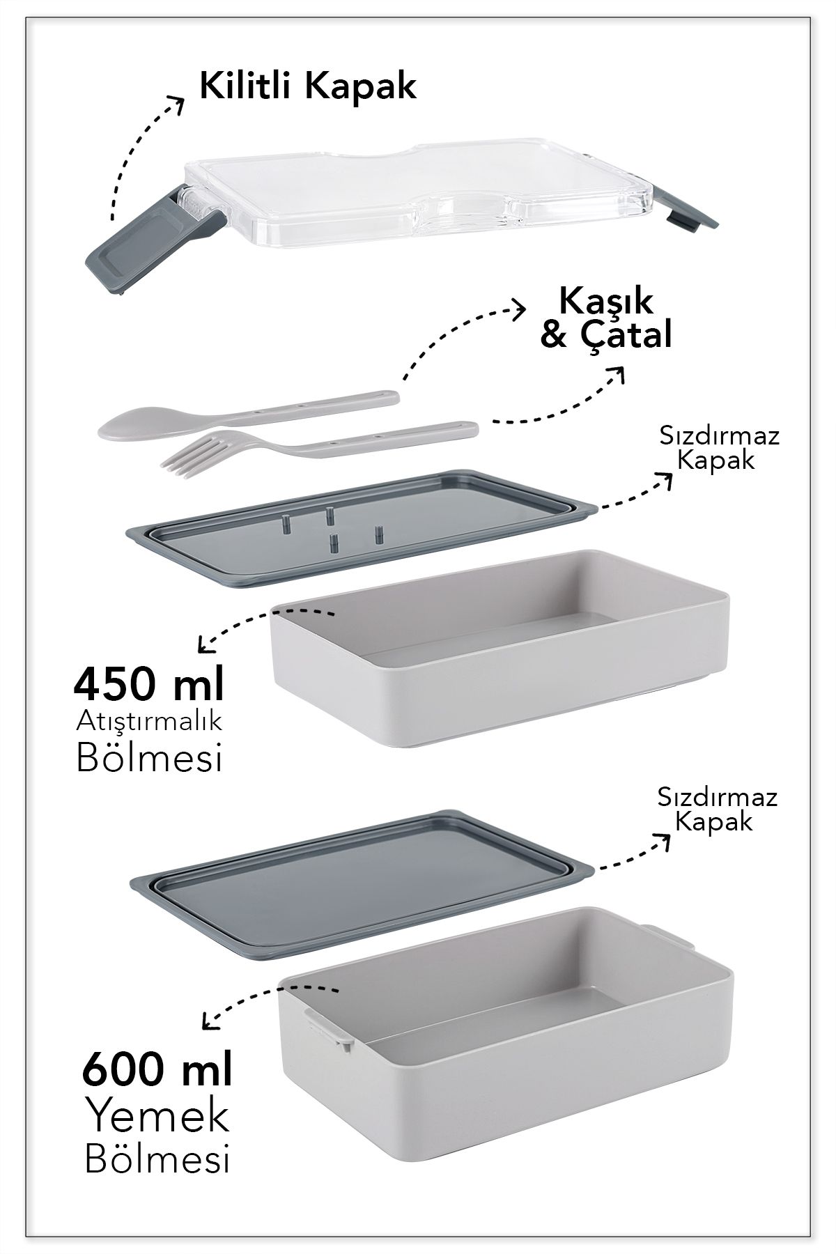 Meleni Home-2 Layer Ziplock Lunch Box - Lunch Box with Self Fork Spoon Lunch Box Storage Container Gray 3