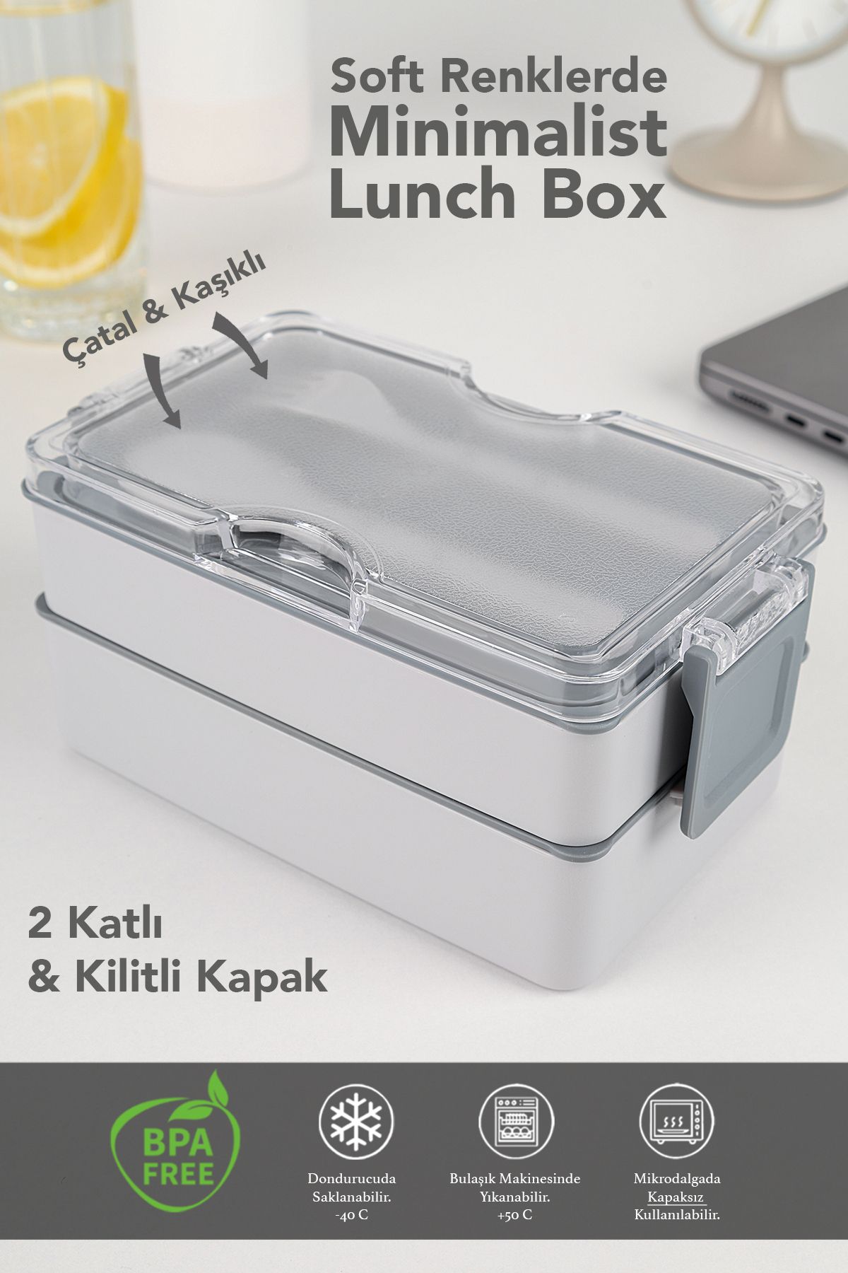 Meleni Home-2 Layer Ziplock Lunch Box - Lunch Box with Self Fork Spoon Lunch Box Storage Container Gray 2