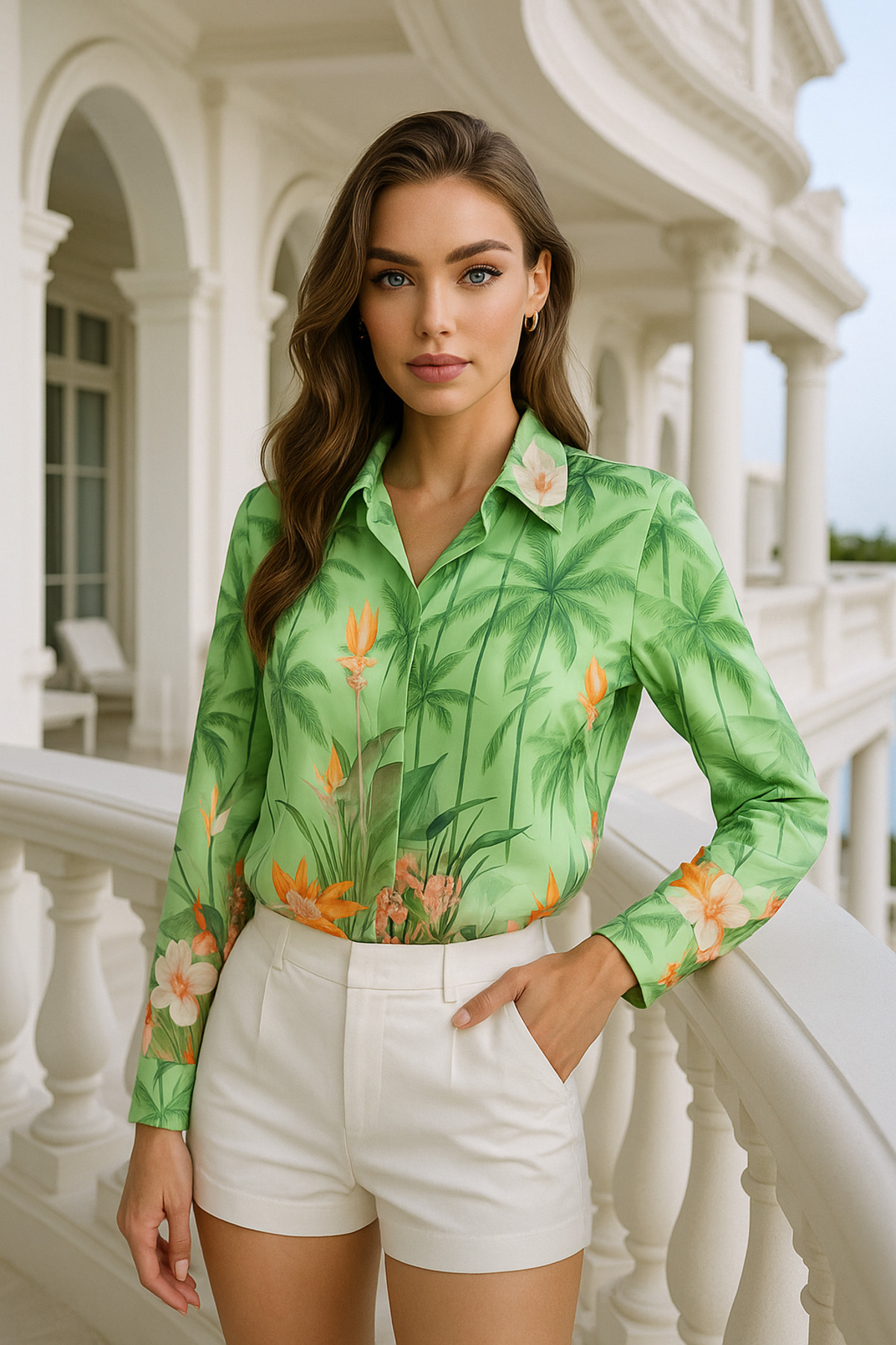 Women's Satin Tropical Patterned Slim Fit Shirt - Hidden Button Detailed Design Shirt