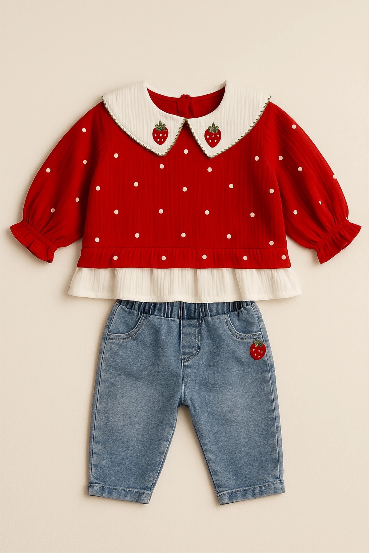 Bolly Baby Çilek Fisto Yakalı Puantiyeli Müslin Uzun Kollu Üst Kot Pantolonlu Kız Bebek Takım fotoğrafı 3 (önizleme)
