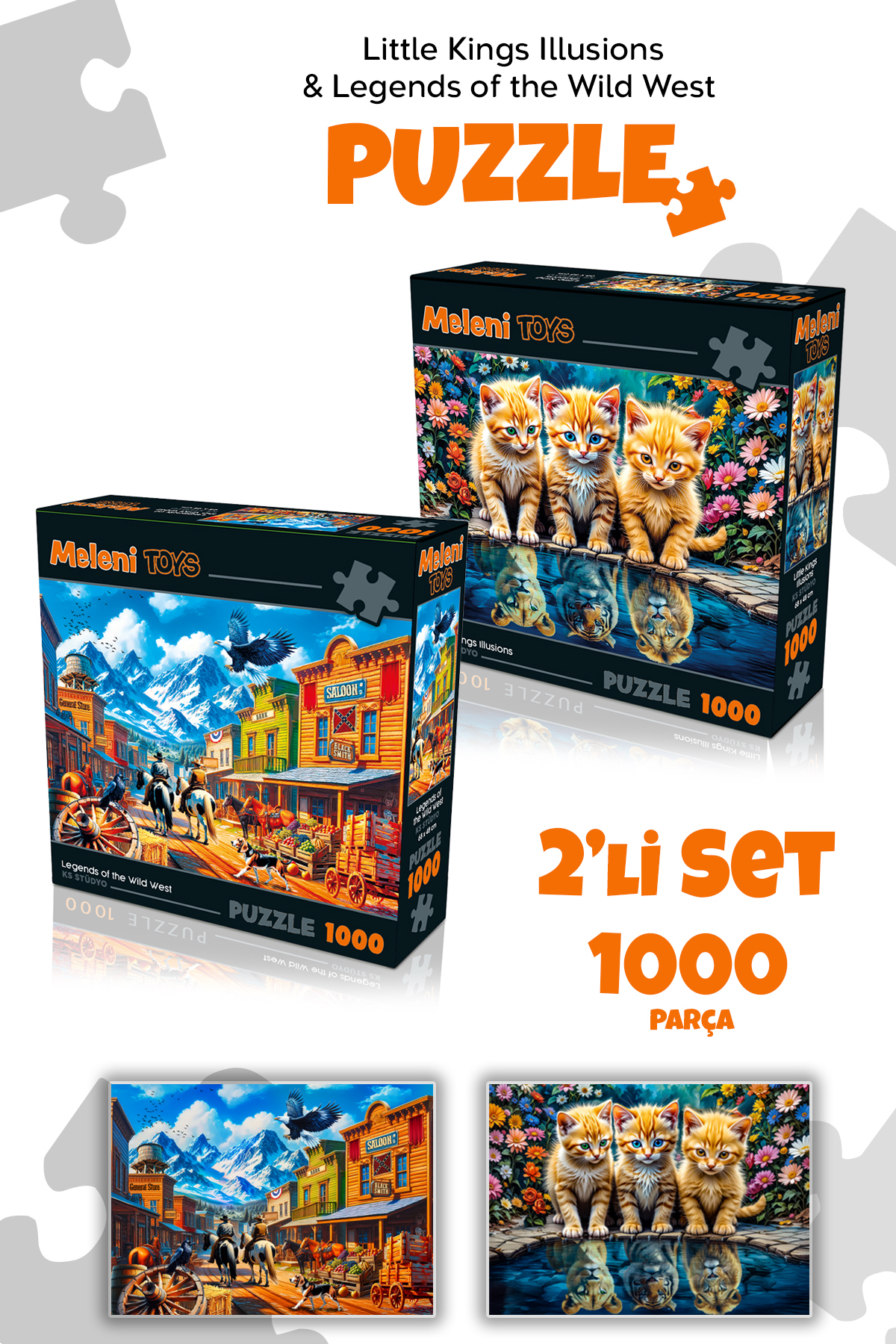 Meleni Toys 2 Adet 1000 Parça Puzzle - Aslan Kral Kedi ve Vahşi
