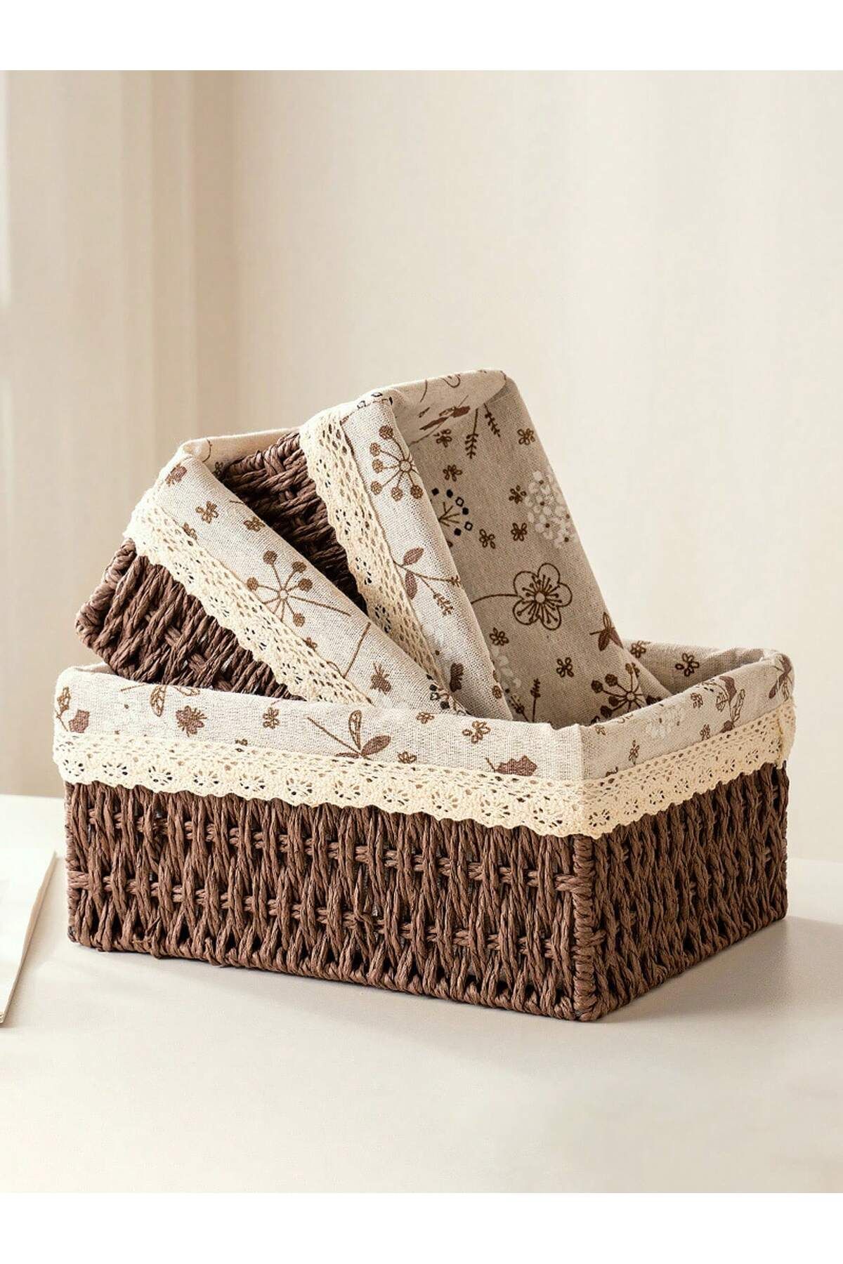 Cozy Nest-مجموعة من 3 سلال تخزين منسوجة يدويًا مستطيلة متينة مع بطانة قماشية قابلة للإزالة 7